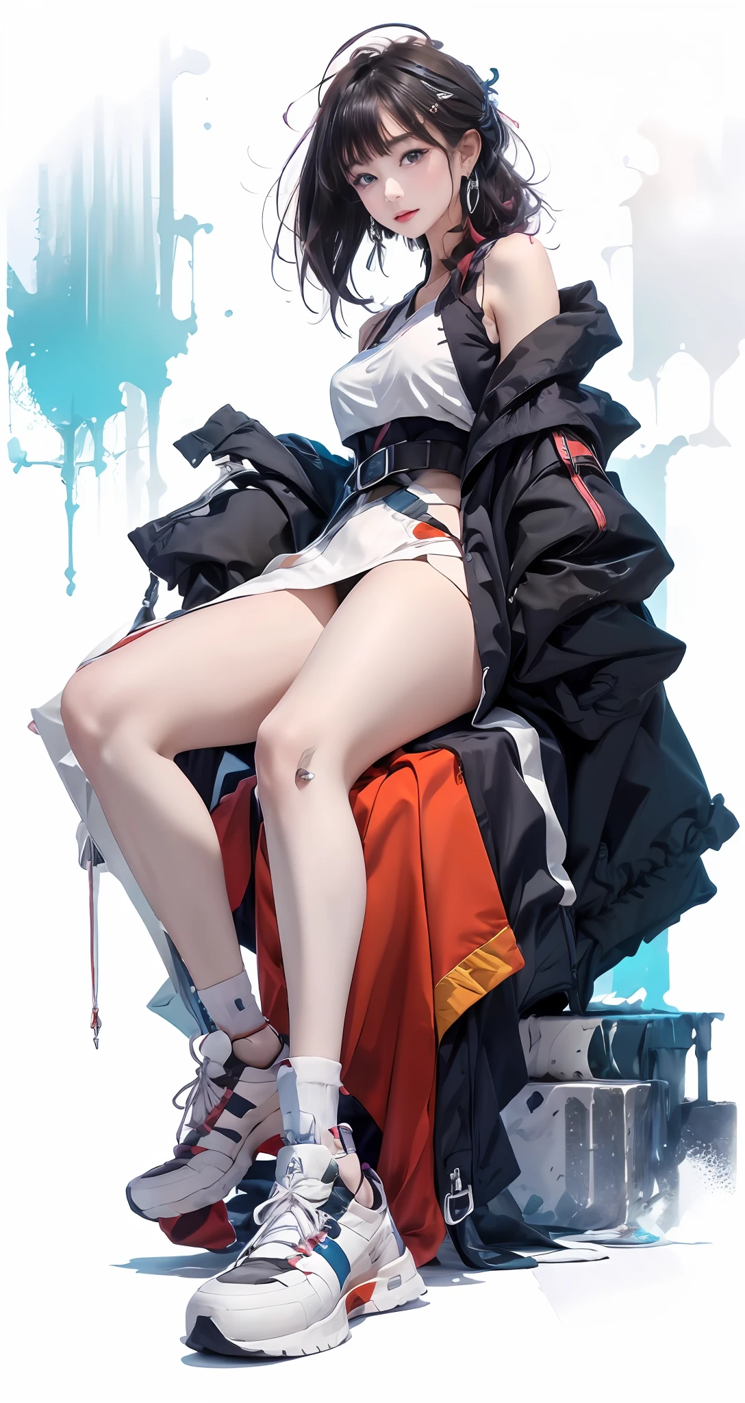 1girll， 独奏，Sat down， looking at viewert，floated hair，wind coat， Red, White and gray clothes，Red details，a skirt， Leaky shoulders，Korean style photo photos，jewely， athletic sneakers， short detailed hair， 耳Nipple Ring， brunette color hair， full bodyesbian， White  socks，Extremely colorful，（Plain white background with a little simple colored background 1：1.4）