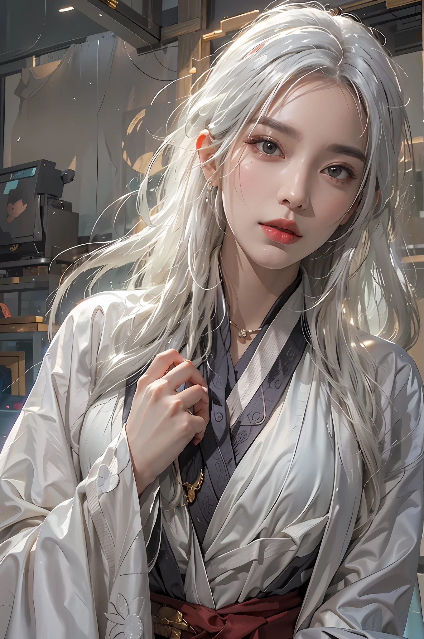 photorealistic, high resolution, 1women, solo, hips up, look at viewer, (detailed face), white hair, long hair, Taoist robe,oversized clothes, jewelry