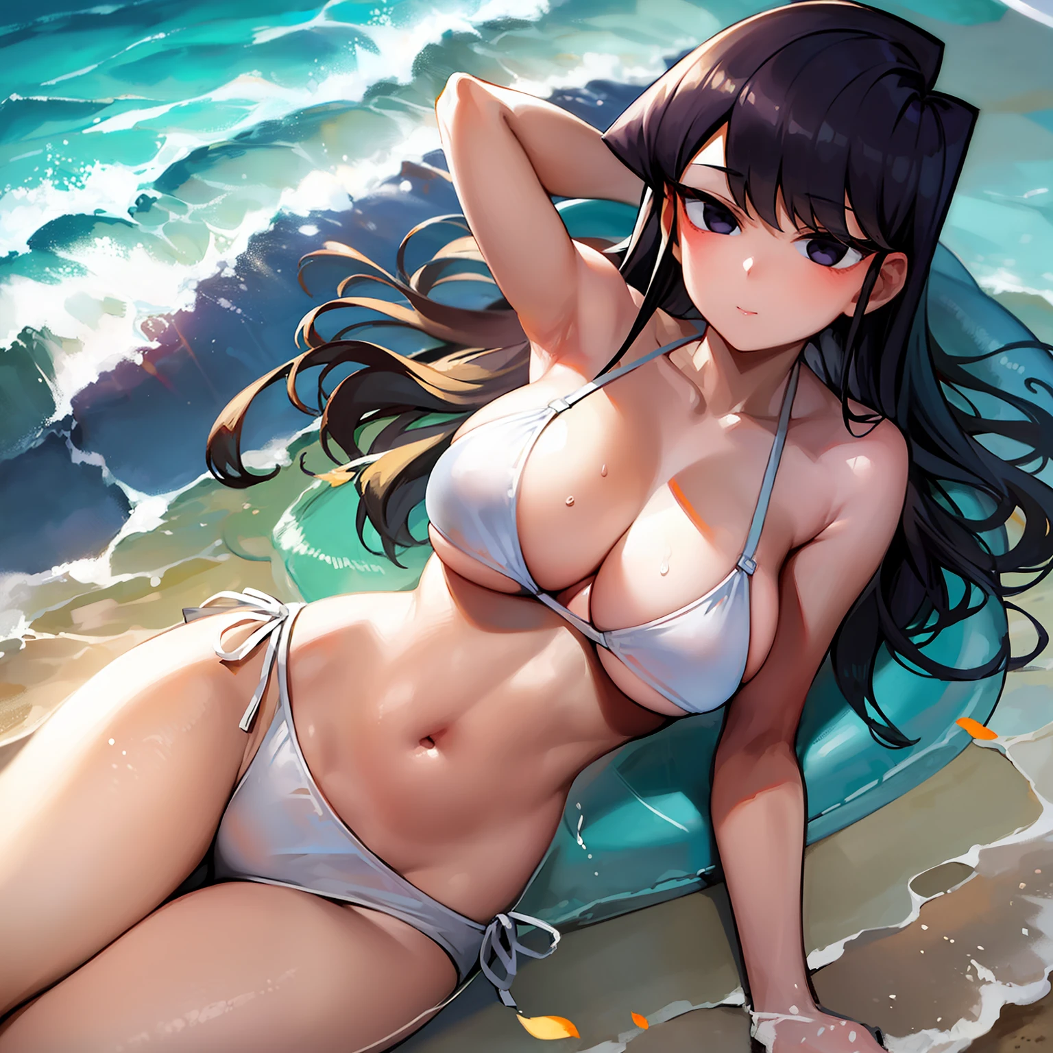 masterpiece, best quality, 1girl, solo, komi-san wa komyushou desu, komi shouko, large breasts, (white bikini:1.2), cowboy shot, beach, sand, ocean, blue sky
