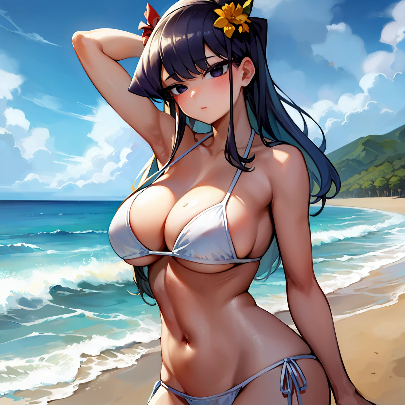 masterpiece, best quality, 1girl, solo, komi-san wa komyushou desu, komi shouko, large breasts, (white bikini:1.2), cowboy shot, beach, sand, ocean, blue sky