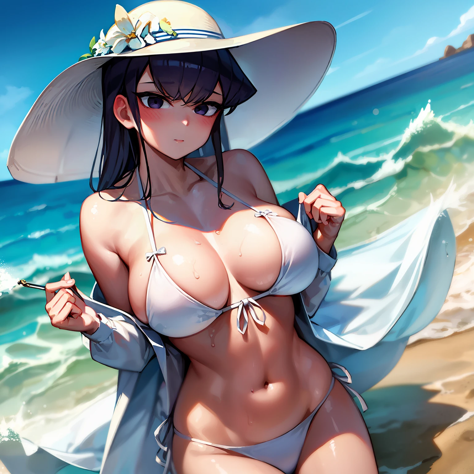 masterpiece, best quality, 1girl, solo, komi-san wa komyushou desu, komi shouko, large breasts, (white bikini:1.2), cowboy shot, beach, sand, ocean, blue sky