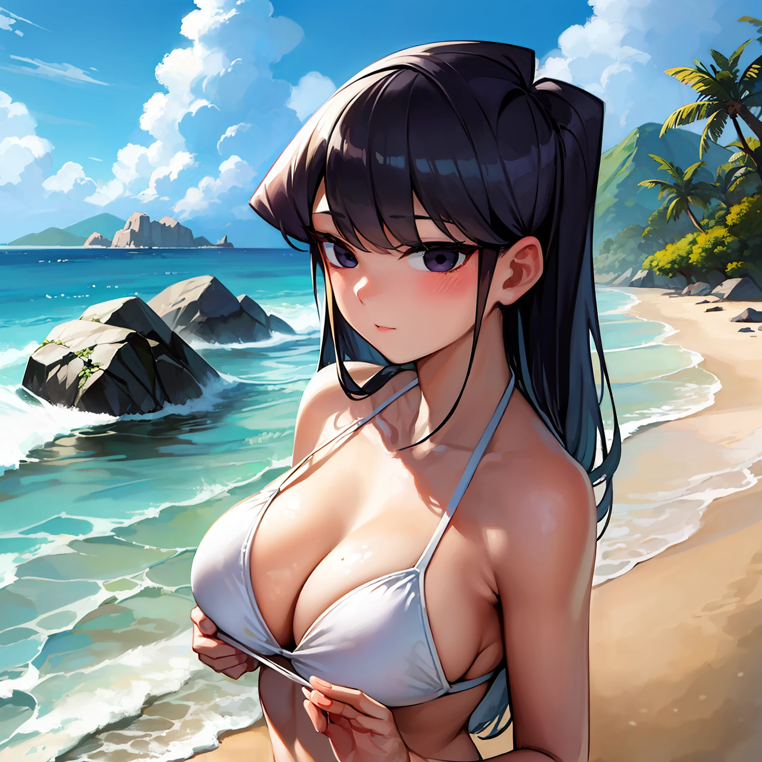masterpiece, best quality, 1girl, solo, komi-san wa komyushou desu, komi shouko, large breasts, (white bikini:1.2), cowboy shot, beach, sand, ocean, blue sky