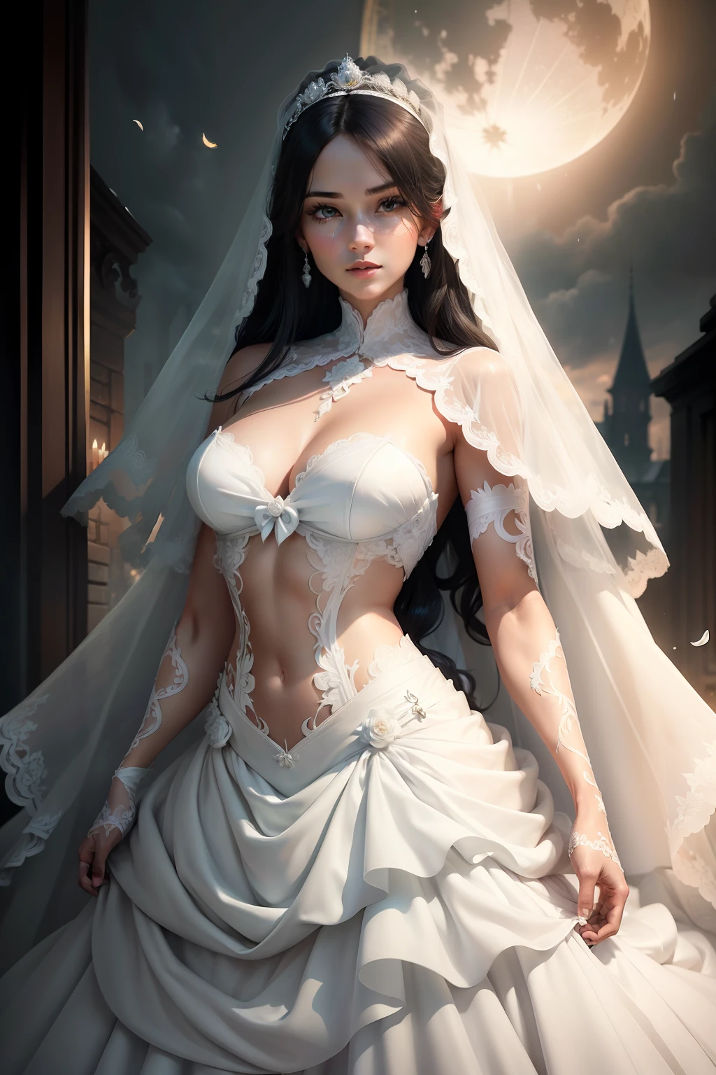 tmasterpiece,Need,illustration,poster for,{Beautiful Meticulous Girl},Beautiful and delicate halo,(flame of war:1.2),(Armageddon after a nuclear explosion:1.5),Rainy days,detailed lighting,detail water,(Beautiful and delicate big eyes:1.5),skyblue hair,Loose hair,with long bangs,(white lace wedding dress:1.5),black ribbon,White tie,short- sleeved,Lace,high detal,tack sharp focus,dramatic,Photoreality,Full body photo,The face is super clear,Poster quality,Eight-pack abs,Long bare legs,high-heels,Supermoon and stars in the background,closeup of face,ssmile,Wear a veil,Golden crown,Ring in the nose,navel ring,Long Earings,ultra - detailed,offcial art,photo-realistic:1.37,full body shot shot,(8k,RAW photos,best qualtiy,tmasterpiece:1.2)