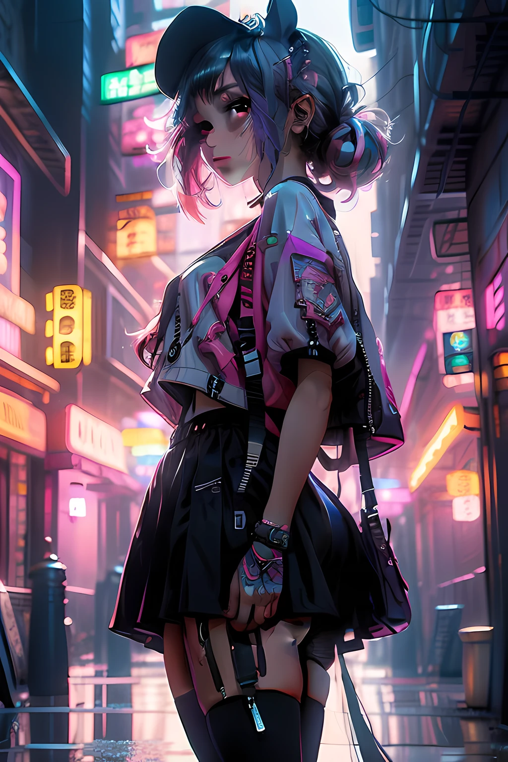 Masterpiece picture quality，rainbow，Valorante，Urban Girl，ssmile，number art，style of anime，Retro anime girl，The style of Imaishihira，Punk girl，in an anime style，dual horsetail，Trendy，neonlight，depth of fields，fisheyelens