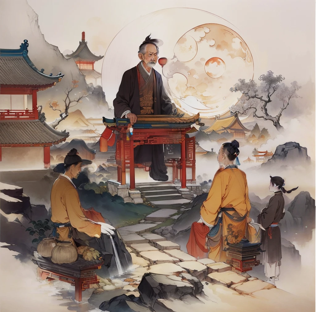 Ancient Chinese landscapes，Ancient buildings，Pavilions，Carved beams and paintings，enchanting scenery，Night，Moon light，Layered, Rich light and shadow,Mid-Autumn Festival, Ink painting style，clean color，Low-saturation colors，Colors of low brightness，Decisive cut，Leave white space，impressionistic，tmasterpiece，ultra - detailed，Epic composition,  HighestQuali，hyper realisitc，Art germ --v 6
