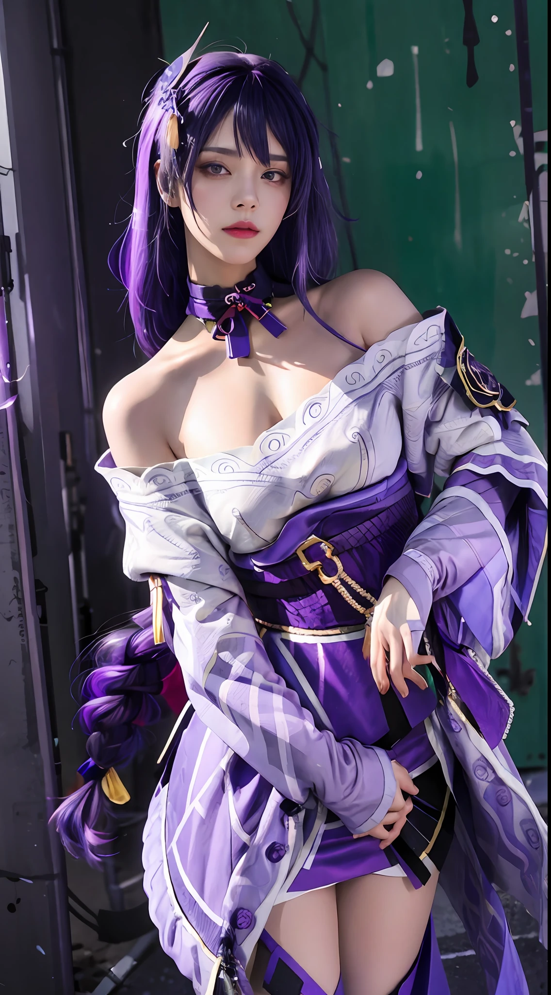 (masterpiece, best quality, 1girl, solo, intricate details, chromatic aberration), realistic, ((medium breath)),long hair, purple hair, purple head ornament, purple highlights, hair over one eye, green eyes, sharp eyes, choker, neon shirt, torn legwear, open jacket, turtleneck sweater, against wall, brick wall, graffiti, dim lighting, alley ,look at viewer,