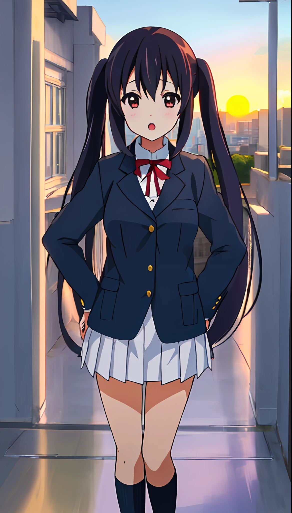 1girl, (((masterpiece))), top-quality, top-quality, High Details, nakano azusa, 1girl, Sakuragaoka High School Uniform, student clothes, Twin-tailed, length hair, A dark-haired, brown-eyed, 独奏, reddish, Dark blue blazer with thin red ribbon, Solid white buttoned shirt under blazer, illustratio, comic strip, soothing tones, Subdued Color, Soft cinematic light, adobe lightroom, photolab, HDR, intricately and hyper-detailed、(((depth of fields))))。(((masterpiece)))。(((top-quality))).)((ultra-detailliert)))。(((illustratio)))。(((takeout))).dynamic focus.big breasts.(((Skyscrapers))).(((A city scape))).(((Face of sadness))). open mouth.(((put hands on the hip))).(((up chest))).((evening glow)).((the setting sun)).