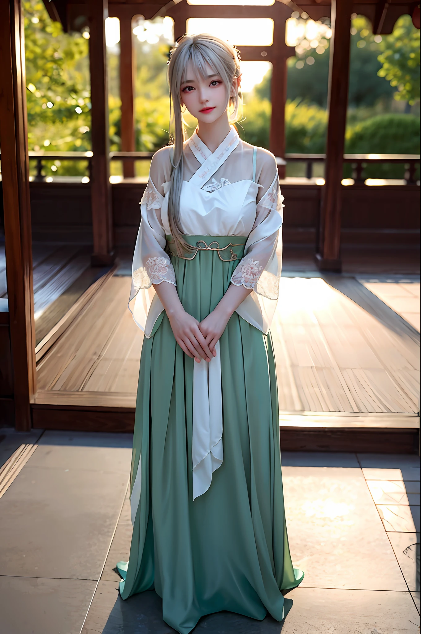 There is a girl in a green dress, plum blossoms, palaces, oriental architecture ray tracing, {best quality}, {{masterpiece}}, extremely detailed 8K wallpaper, {an extremely delicate and beautiful}, colorful, intricately detailed, Realistic, real, camera quality, (detailed depiction of clothes), cool white skin, (detailed depiction of blush), 1080p, sun, soft cuteness, smooth light silver hair, messy beauty, lighting, broken feeling, bright and silky skin , 3D stereoscopic, masterpiece, best quality, super fine illustration, beautiful eyes, very fine light, fine glow, very fine 8K CG wallpaper, peach eyes, red pupils, an extremely delicate and beautiful girl, 8k Wallpaper, best quality, full body close-up, white long dress, luxurious silky bright red chiffon floodlight (magic, glitter, ultra-thin, soft,) Hanfu