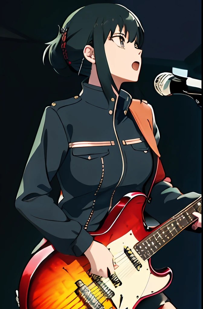 "A solo shot featuring yor , a punkrocker showcasing her skills shredding the guitar"