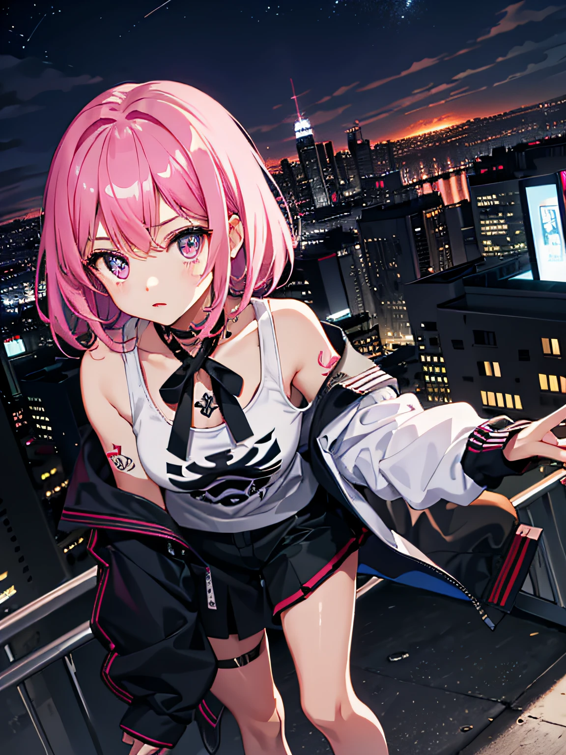 Raised sexy,cute female child,high high quality,tmasterpiece,short detailed hair,Pink atmosphere,Cropped heptagon top,Girl with tattoos,high-definition picture quality,largeeyes,Night view from the rooftop,Shy face
