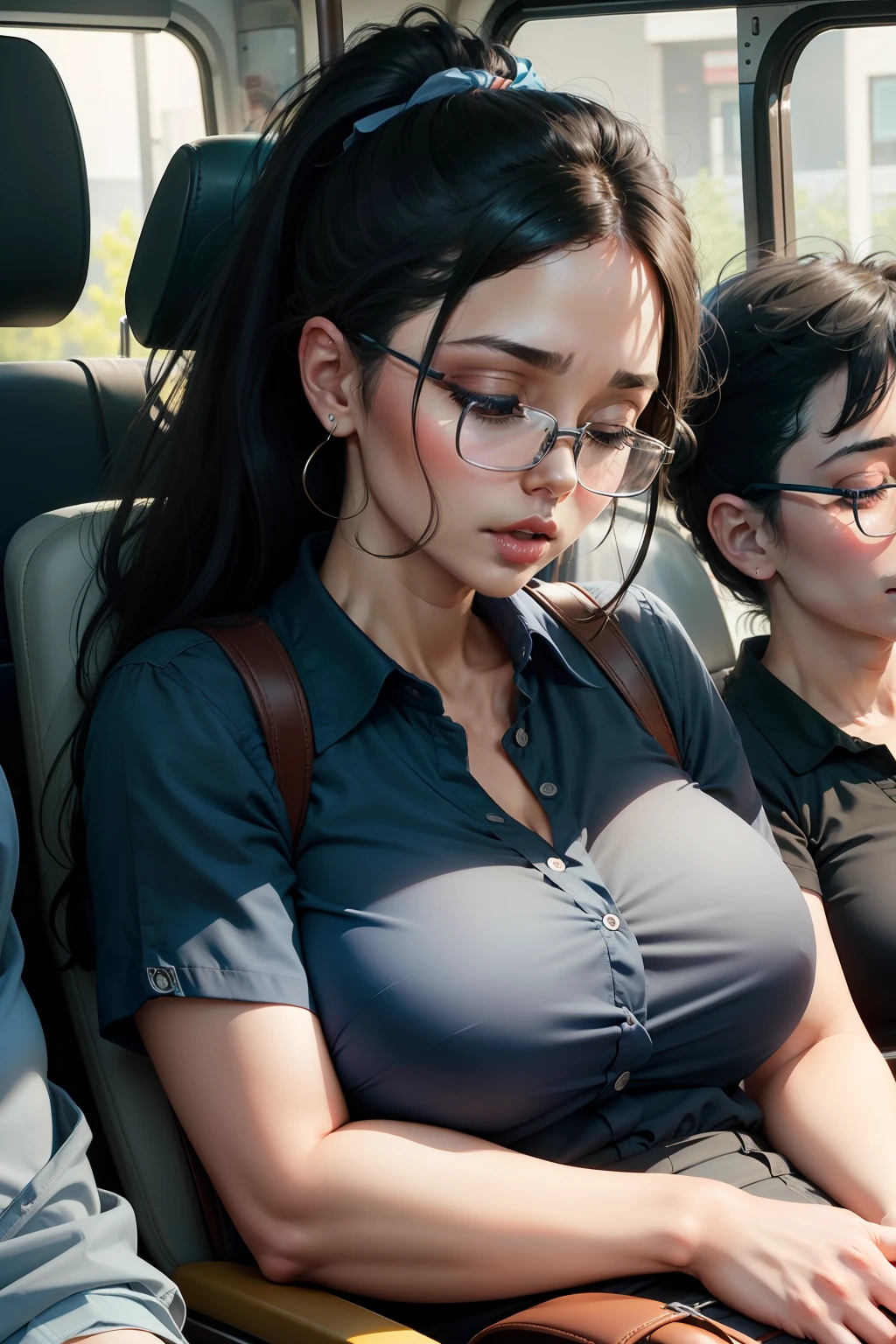 1 beautiful woman, large body, 50-year-old man, eyes closed, black hair, ponytail, eyelids made up, eyelids outlined with makeup, blue low-cut button-down shirt, cleavage, blue shirt over black polo shirt, light blue jeans, handbag orange, blue glasses, arms in lap, sleeping with mouth open, asleep on bus seat, head hanging, mouth wide open, nodding.