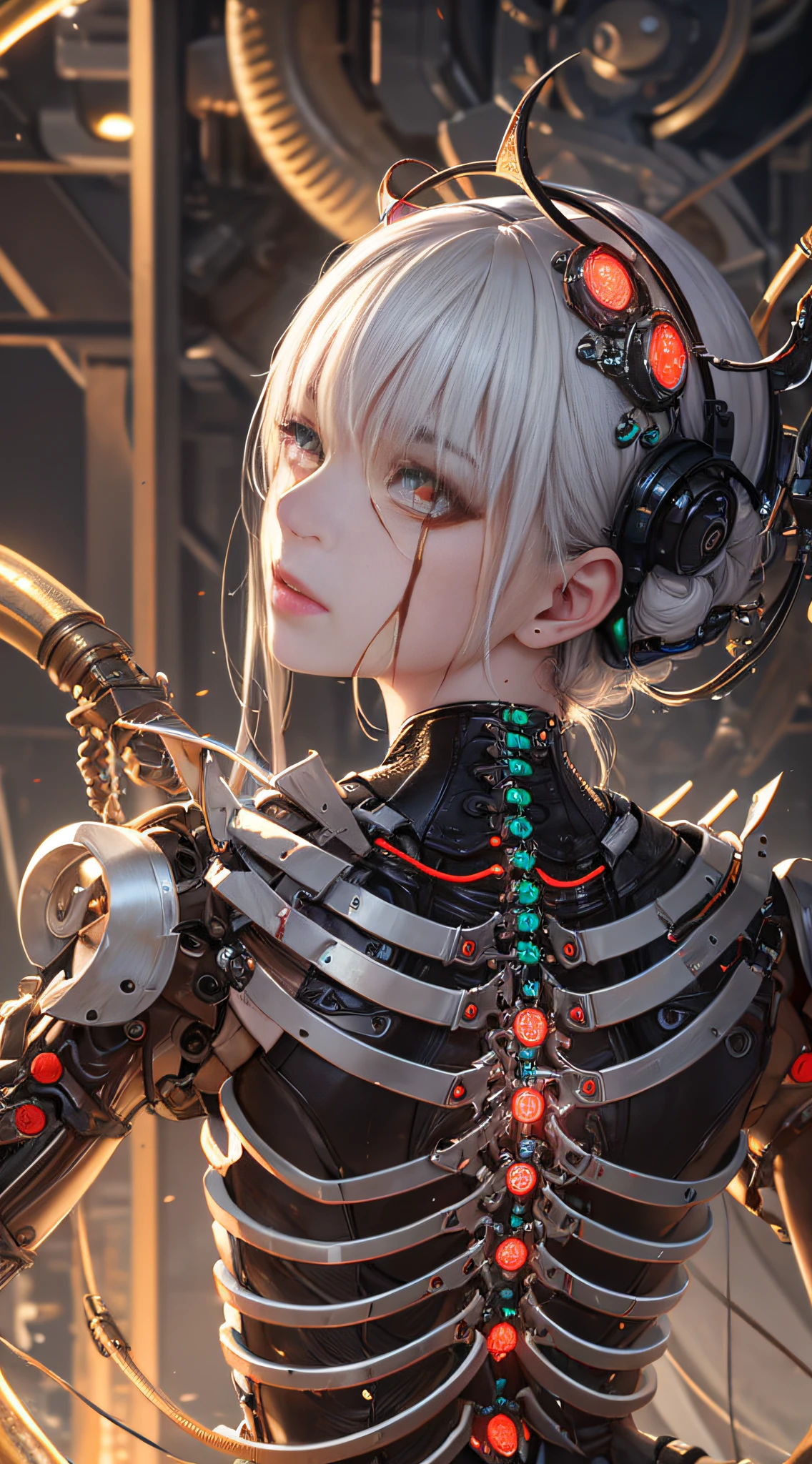 1mechanical girl,((ultra realistic details)), portrait, global illumination, shadows, octane render, 8k, ultra sharp,metal,intricate, ornaments detailed, cold colors, egypician detail, highly intricate details, realistic light, trending on cgsociety, glowing eyes, facing camera, neon details, machanical limbs,blood vessels connected to tubes,mechanical vertebra attaching to back,mechanical cervial attaching to neck,sitting,wires and cables connecting to head