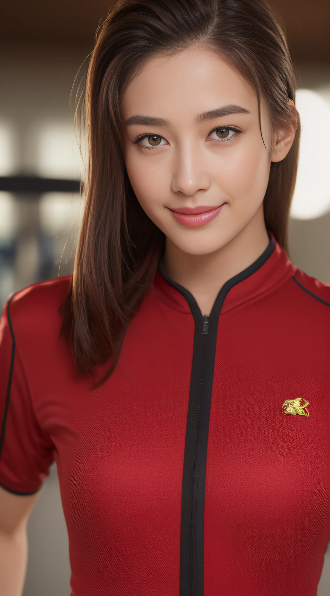 ((top-quality、8K、masterpiece:1.3))、sharp:1.2、Perfect Body Beauty:1.4、Slim abs:1.2、Big、((In red jersey:1.3))、(training gym:1.2)、Beautiful face、Straight hair、Highly detailed facial and skin texture、A detailed eye、Aspect of looking at the camera、A smile