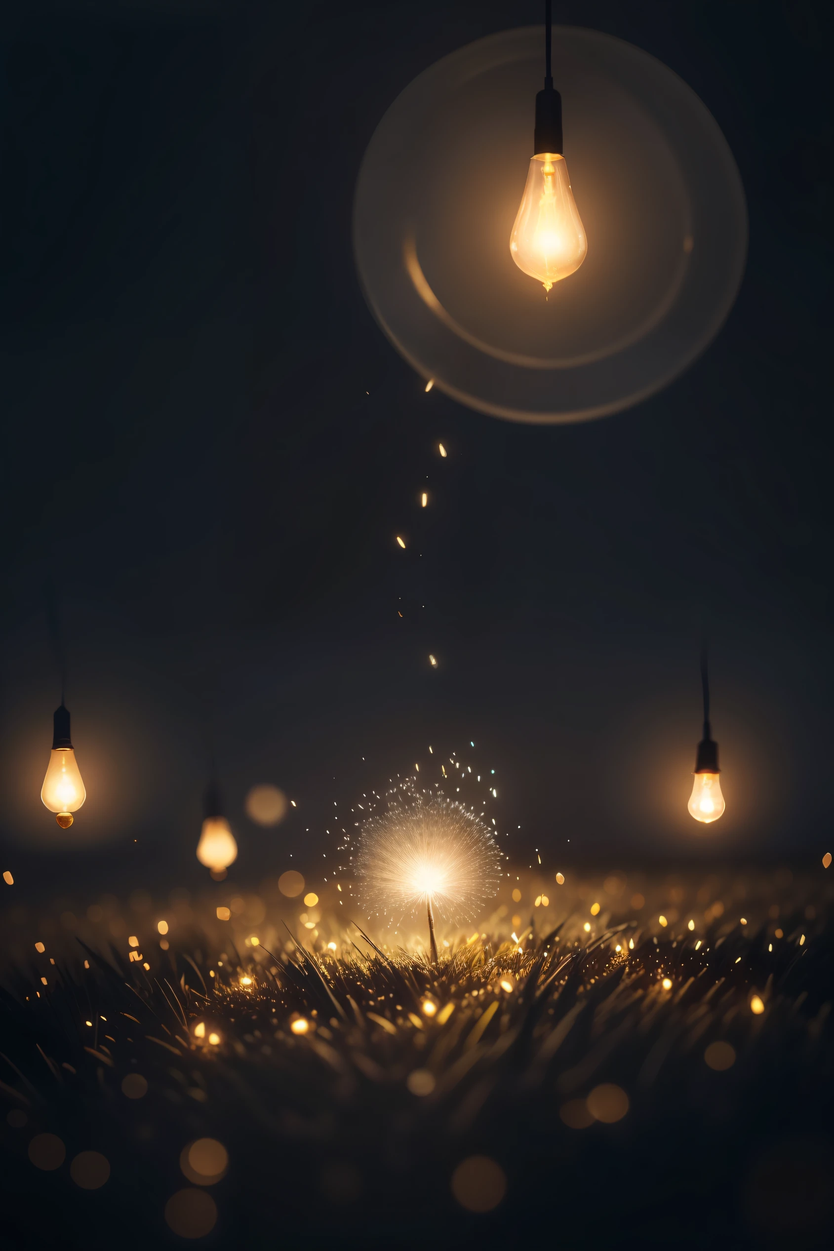 The forest full of fireflies Dotted with light blooms in the dark。Brilliant points of light fly
