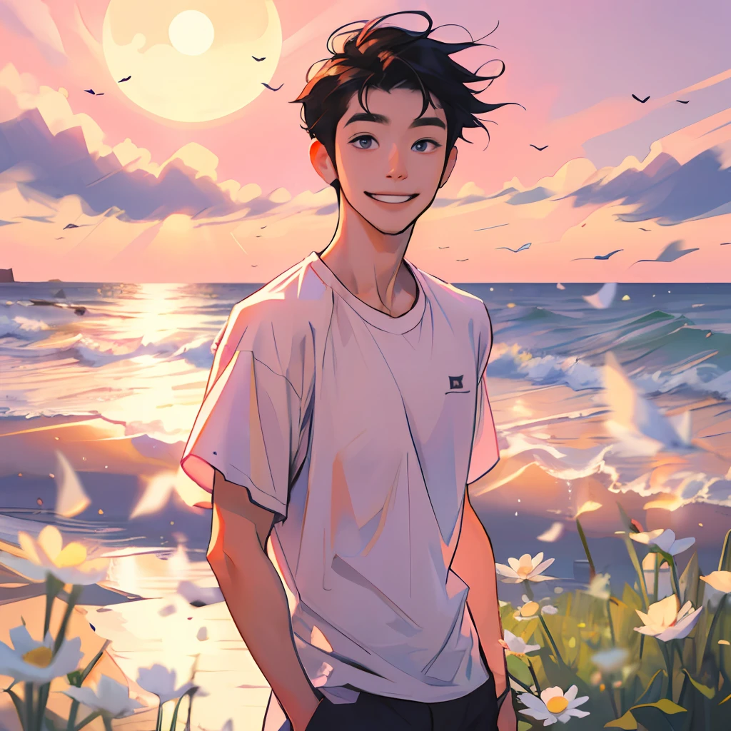 A boy with,Handsome and cute,with short black hair,Wearing a white T-shirt,There is a small daisy print on the clothes,smiling and looking into the camera。The sun shines on his face,he stands by the sea,The hair is blown by the wind,The background is a pink-purple sky。Please draw this scene in Miyazaki's style。