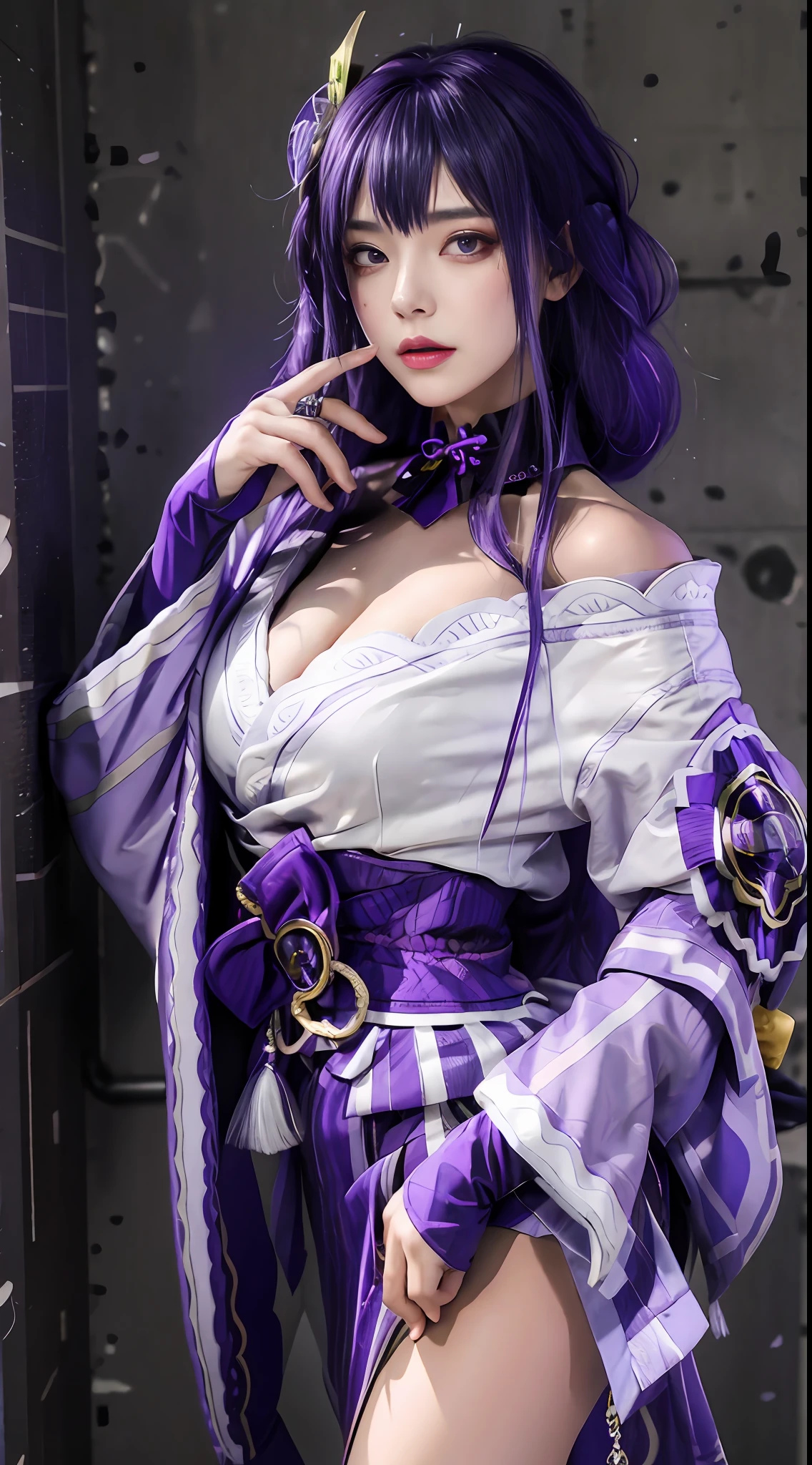 (masterpiece, best quality, 1girl, solo, intricate details, chromatic aberration), realistic, ((medium breath)),long hair, purple hair, purple head ornament, purple highlights, hair over one eye, green eyes, sharp eyes, choker, neon shirt, torn legwear, open jacket, turtleneck sweater, against wall, brick wall, graffiti, dim lighting, alley ,look at viewer,