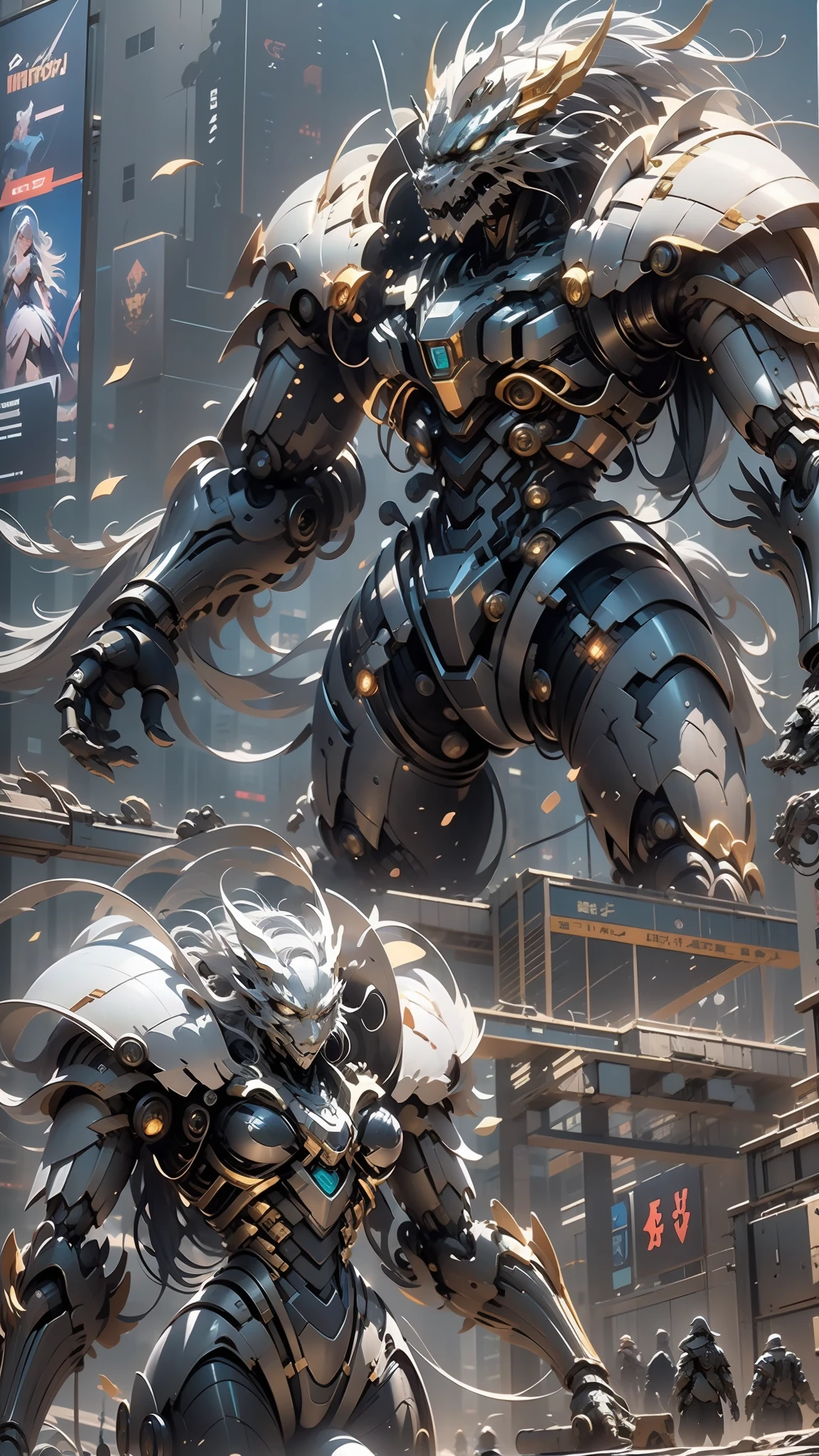 （（best qualtiy））， （（tmasterpiece））， （The is very detailed：1.3）， 3D，In Cyberpunk World，A girl in mechanical armor，holding futuristic weapons，The battle is ahead，Behind her was a medium-sized armored mech，At the end of the end, There are super giant mecha Oriental Dragon，hdr（HighDynamicRange），Ray traching，NVIDIA RTX，Hyper-Resolution，Unreal 5，sub surface scattering，PBR textures，Post-processing，Anisotropic filtering，depth of fields，Maximum clarity and sharpness，Many-Layer Textures，Albedo e mapas Speculares，Surface coloring，Accurately simulate light-material interactions，perfectly proportions，rendering by octane，twotonelighting，Low ISO，White balance，trichotomy，Wide aperture，8K raw data，High-Efficiency Sub-Pixel，sub-pixel convolution，Luminous Particle，