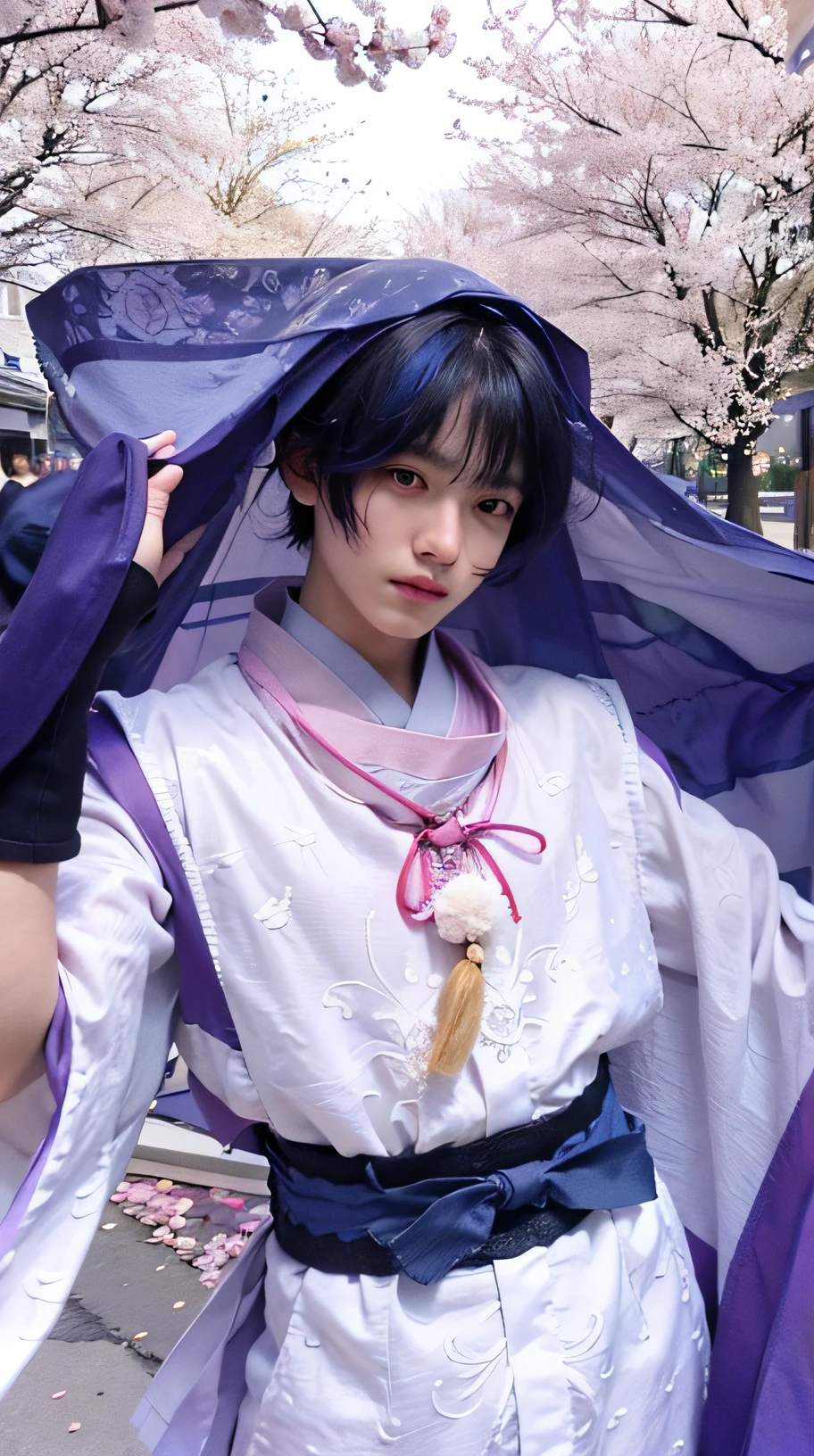 Libido boy,Handsome man，Innocent face，cool guy，18yr old，Gay men，mtu, Korean face，Purple eyes, dark-blue hair, Facial light and shadow,White Hanfu，White embroidered Hanfu，Lilac collar，Lilac belt，Purple bandana，Lilac cloak on the head，plain face, Movie lighting, Masterpiece, super detailing, high qulity, highly details, A high resolution, 4K, Award-winning, cosplay, Under the pink cherry blossom trees，Pink cherry blossoms, Pink cherry blossoms flutter in the air, Movie lighting, Masterpiece, super detailing, High quality, highly details, Movie lighting, Film graininess