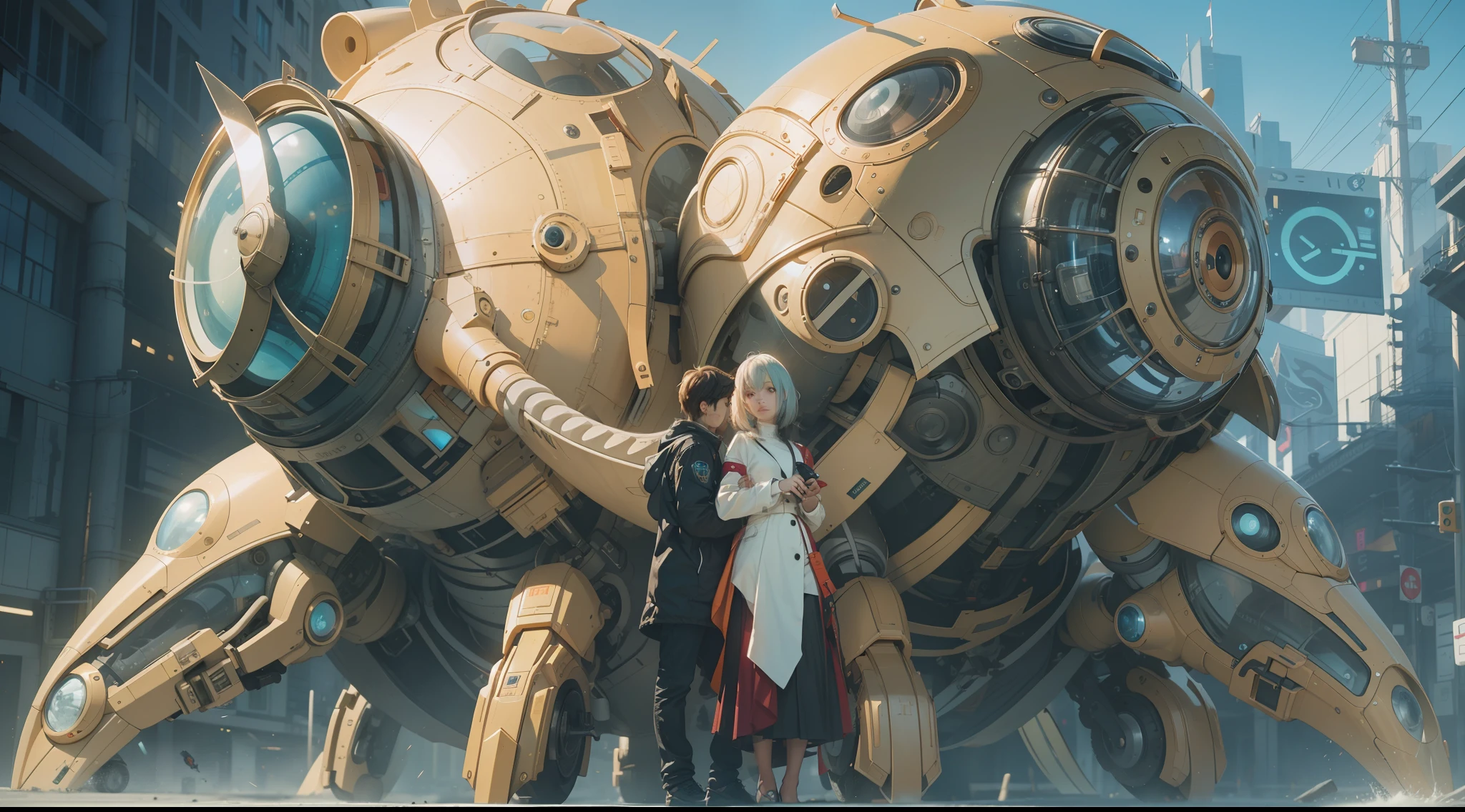 (best qualtiy,ultra - detailed,Best Illustration,Best shadow,masterpiece,A high resolution,professionalartwork,famous artwork),sci-fi,It depicts a young couple wearing colored sclera and a huge alien big cute with robot eyes, by Makoto Shinkai,by Artgerm,by wlop,by Greg Rutkowski,Volumetric lighting,octane render,4K,Trending on ArtStation,masterpiece