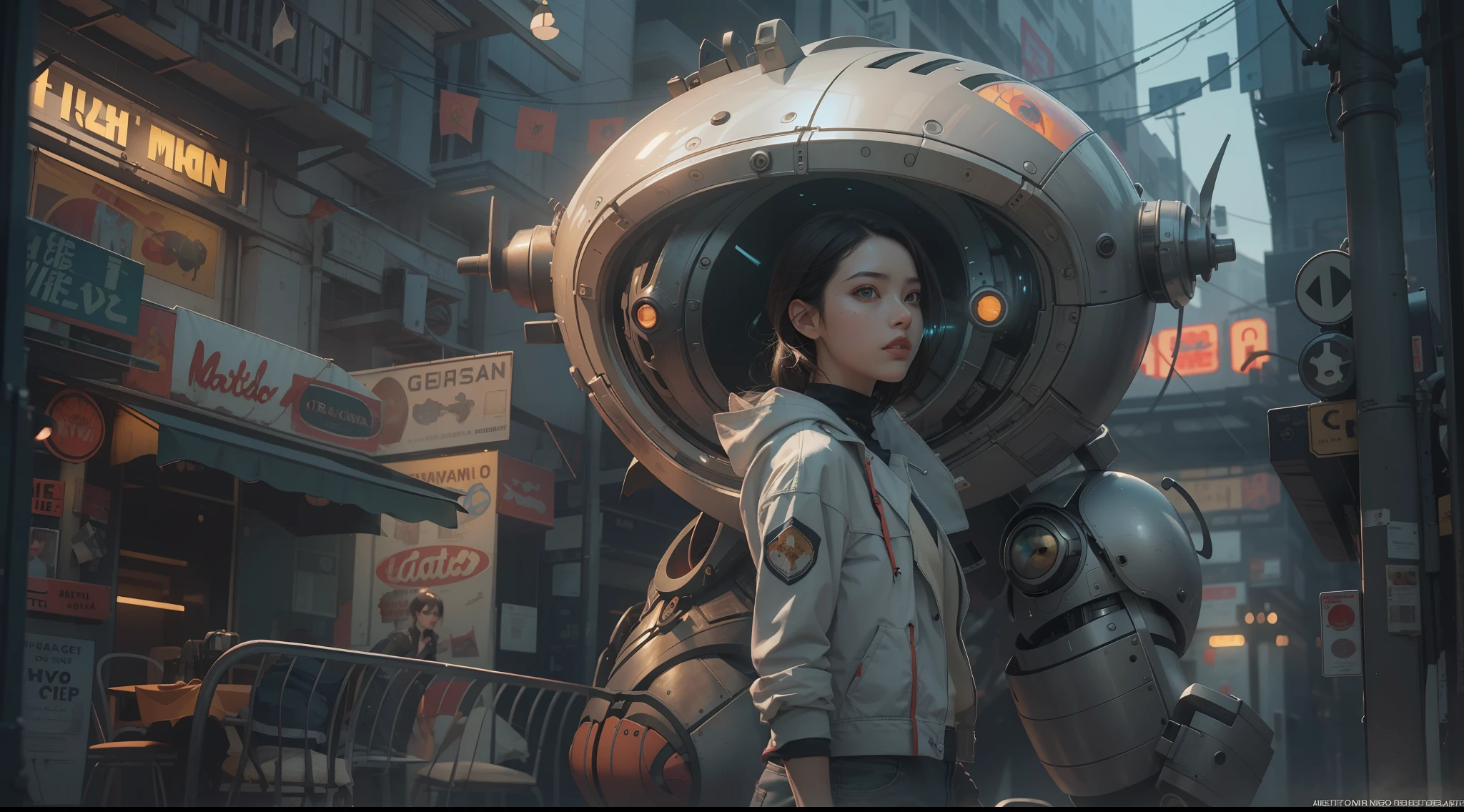 (best qualtiy,ultra - detailed,Best Illustration,Best shadow,masterpiece,A high resolution,professionalartwork,famous artwork),sci-fi,It depicts a young couple wearing colored sclera and a huge alien big cute with robot eyes, by Makoto Shinkai,by Artgerm,by wlop,by Greg Rutkowski,Volumetric lighting,octane render,4K,Trending on ArtStation,masterpiece