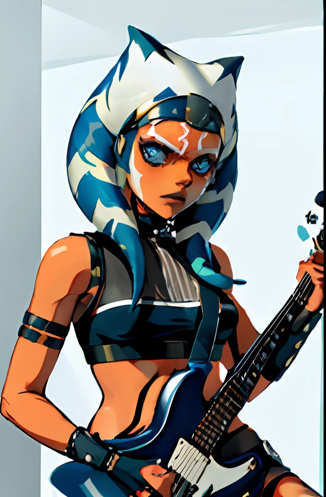 "A solo shot featuring 1girl, blue eyes, orange skin, tentacle hair , a punkrocker showcasing her skills shredding the guitar"