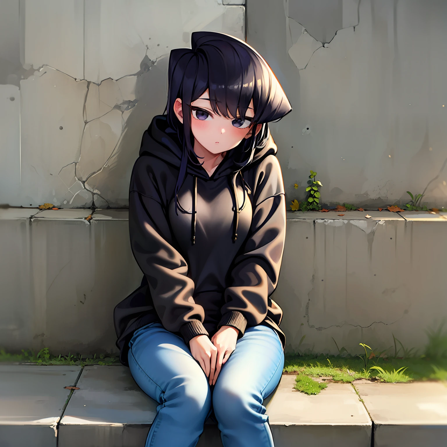 masterpiece, best quality, 1girl, solo, komi-san wa komyushou desu, (black hoodie:1.2), jeans, sitting, looking at viewer, street, wall, cowboy shot