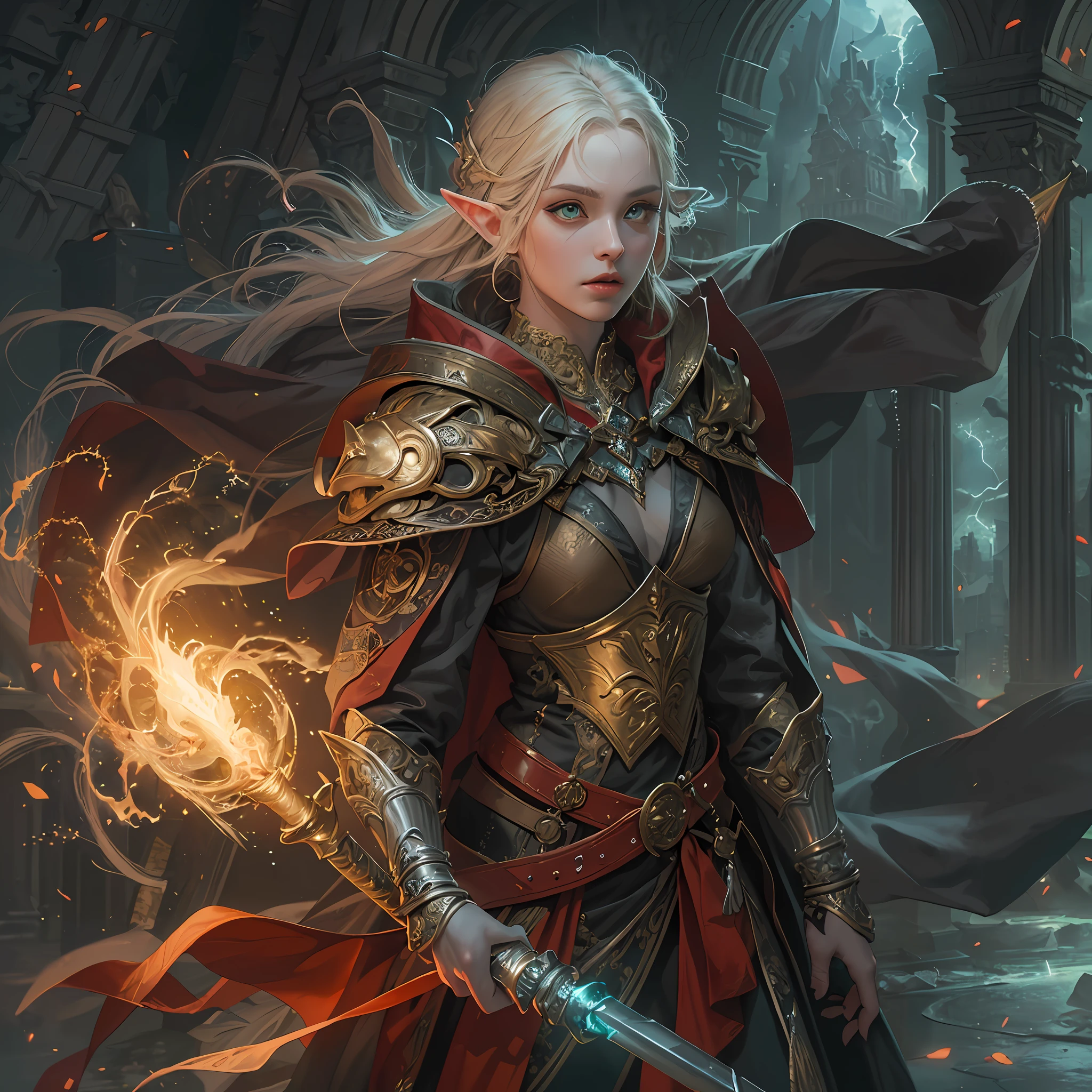high details, best quality, 8k, [ultra detailed], masterpiece, best quality, (extremely detailed), dynamic angle, ultra wide shot, photorealistic, fantasy art, dnd art, rpg art, realistic art, an ultra wide picture of female elf cleric, holding a hammer, hammer in ligor with lightning sigils (1.5 intese details, Masterpiece, best quality), red cloak (1.5 intricate details, Masterpiece, best quality), holy htning, casting a spell, yellow magical lightning (1.5 intricate details, Masterpiece, best quality), wearing black armor, plate mail armor, elven armsymbol, blue light from symbol, black hair (1.5 intese details, Masterpiece, best quality), short hair, small pointed eard, intense eyes, green eyes, D&D female elf (1.5 intricate details, Masterpiece, best quality) fantasy temple background, lightning storm background, ((divine worship atmosphere)), high details, best quality, highres, ultra wide angle