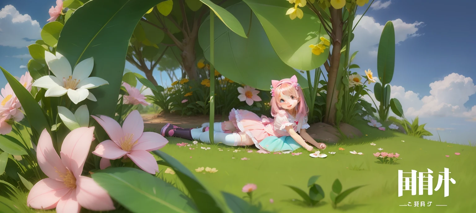Loli girl character,Sweet and cute,Wear a pink headband,Big eyes shining,The smile is as bright as the sun,The fluffy skirt is decorated with flowers,Gentle pink tones。