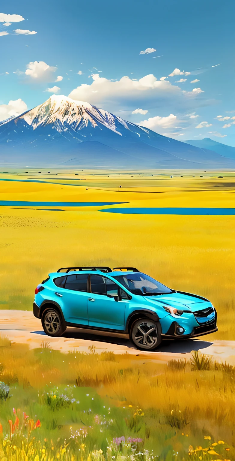 A Subaru car spers across the steppe，bright weather，Lush meadows，Flat steppe，Dynamic，The vista is a clear blue sky，and the border between the steppe and the sky