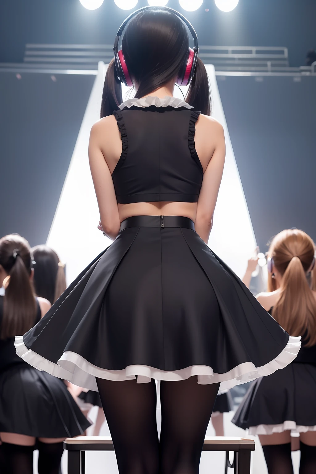 (masterpiece, best quality), high contrast, (4girls:1.2), anime wallpaper, lineup, Multiple_girls, idol outfits, (long skirt, frilly skirt:1.1), (from behind:1.2), stage, stage lights, concert, (crowd:1.1), dynamic pose, standing, woman, (headphones:1.1), (jacket, off shoulder jacket, sleeveless top:1.1), collared top, short hair, medium hair, sharp focus, light particles, (wide shot), sfw, detached collar, backboob, pantyhose,