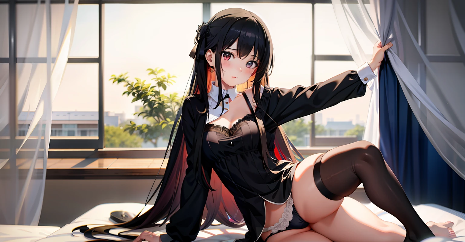 Anime girl sitting on bed wearing black dress, seductive anime girls, Extremely detailed Artgerm, trending on cgstation, anatomy correct，The girl shows her panties， Fine details. Girl front, beautiful and seductive anime woman, voluptuous figure，high qulity，A girl in a black nightdress poses on bed，The girl lifted her clothes to reveal her panties，The girl's face turned crimson and she felt shy，