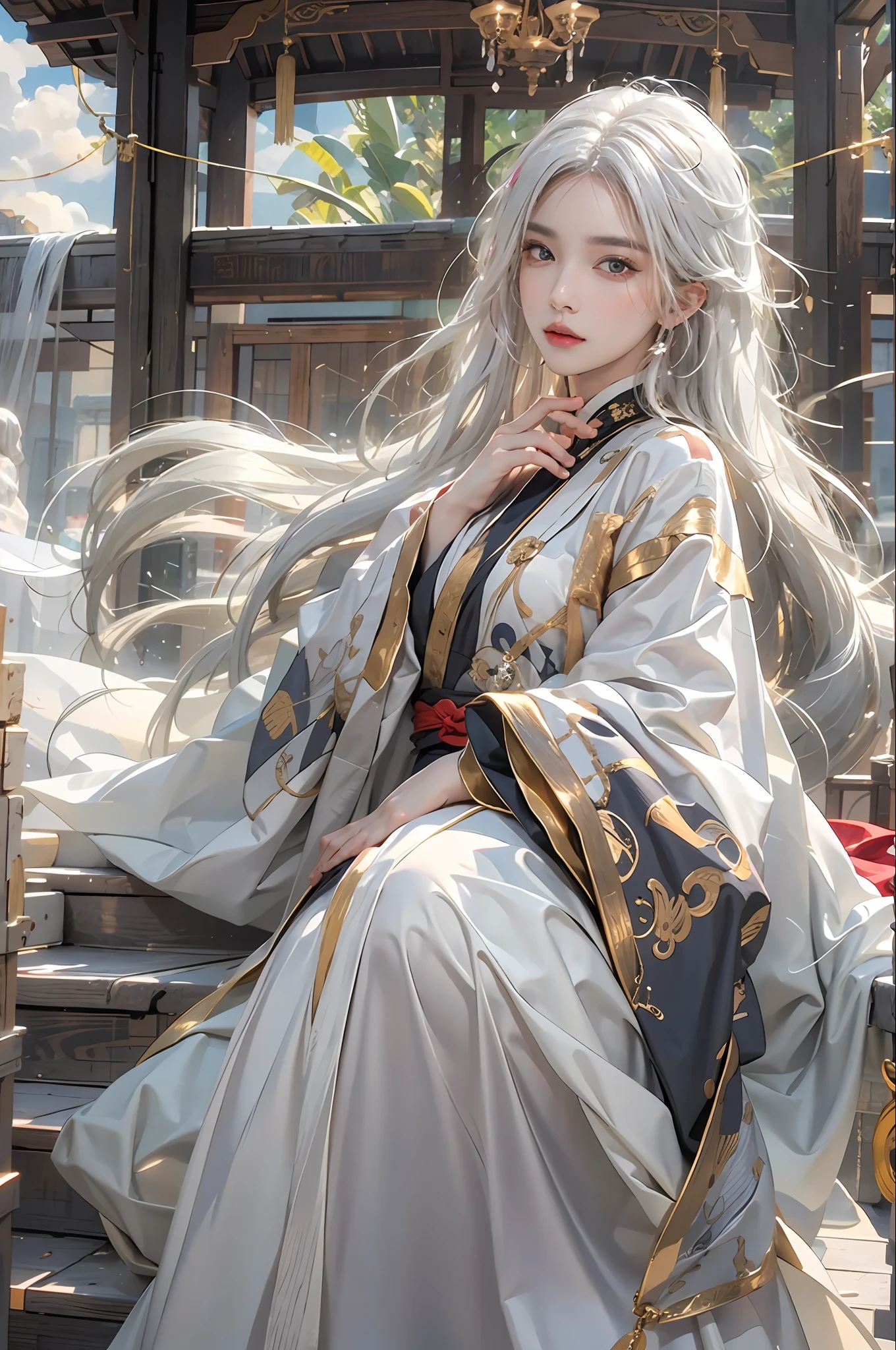 photorealistic, high resolution, 1women, solo, hips up, look at viewer, (detailed face), white hair, long hair, Taoist robe,oversized clothes, jewelry