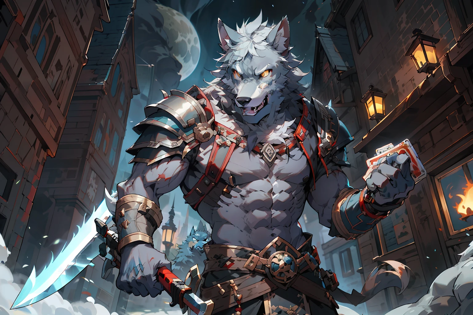 a close up of a person holding a knife and a knife in a city, muscular werewolf, gnoll, wolf armor, warwick saint, portrait of a gnoll, great wolf, a minotaur wolf, werewolf”, fantasy card game art, angry high moral sexy werewolf, astri lohne, grim - wolf, good boy giant mecha wolf hound