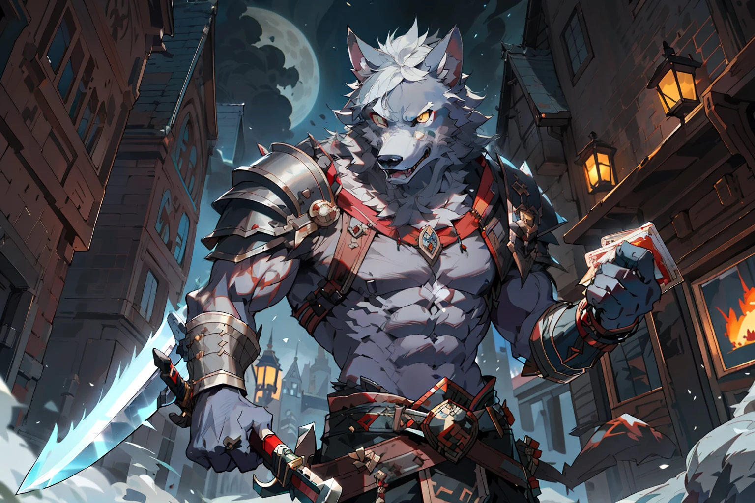 a close up of a person holding a knife and a knife in a city, muscular werewolf, gnoll, wolf armor, warwick saint, portrait of a gnoll, great wolf, a minotaur wolf, werewolf”, fantasy card game art, angry high moral sexy werewolf, astri lohne, grim - wolf, good boy giant mecha wolf hound