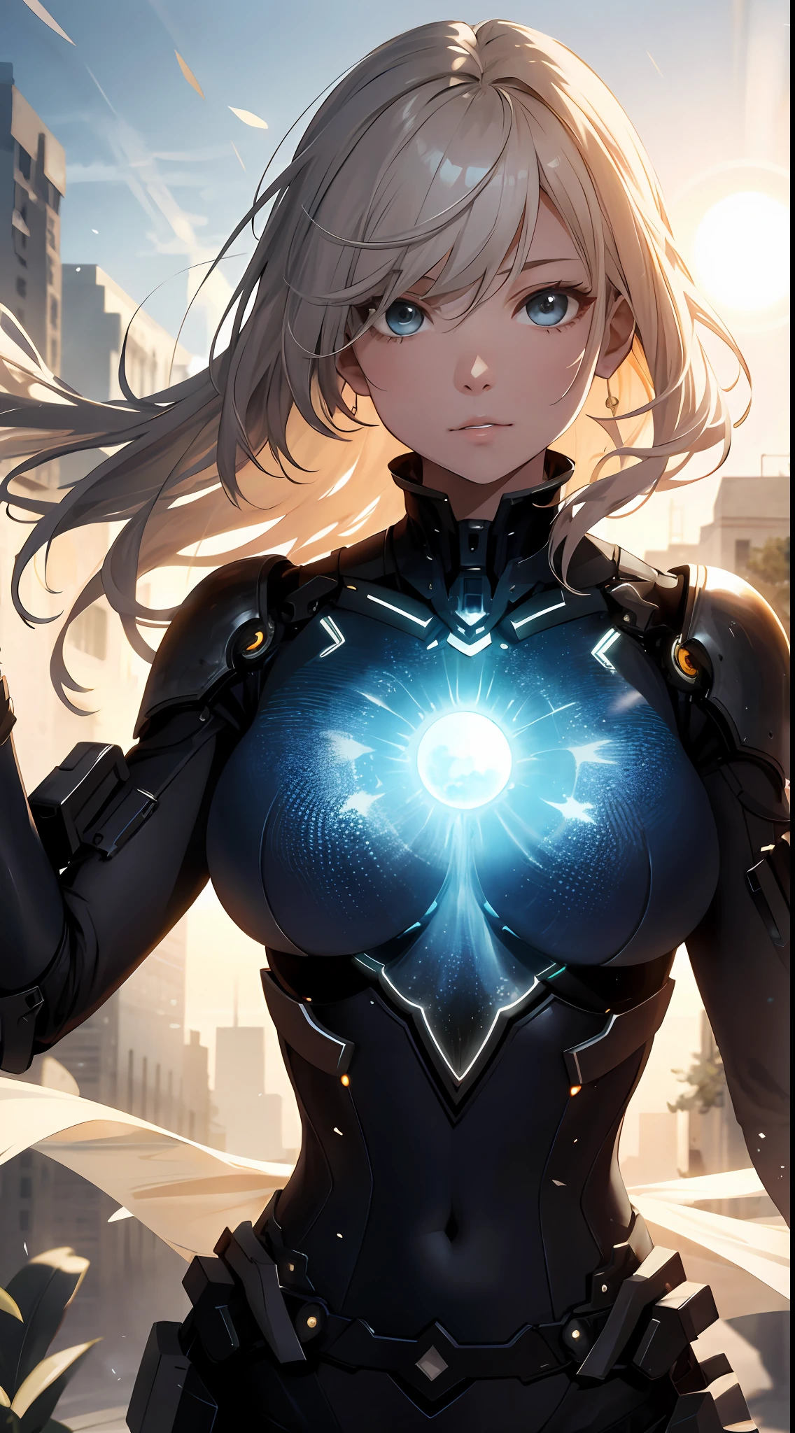 absurderes,Large breasts,agent,A high resolution,ultra - detailed,(1girll:1.3),Break,Sun Knight,Sun magic,Light treatment,Radiant force,Sunlight invades,warm aura,Shiny armor broke,photo manipulation,Change reality,Fantasy scenes,number art,Creative editing、Engaging narrative、Striking visuals Breakthrough、dynamic art、Moving sculptures、mechanical engineering、Interactive installations、Dynamic movements、Engineering ingenuity、captivating visuals