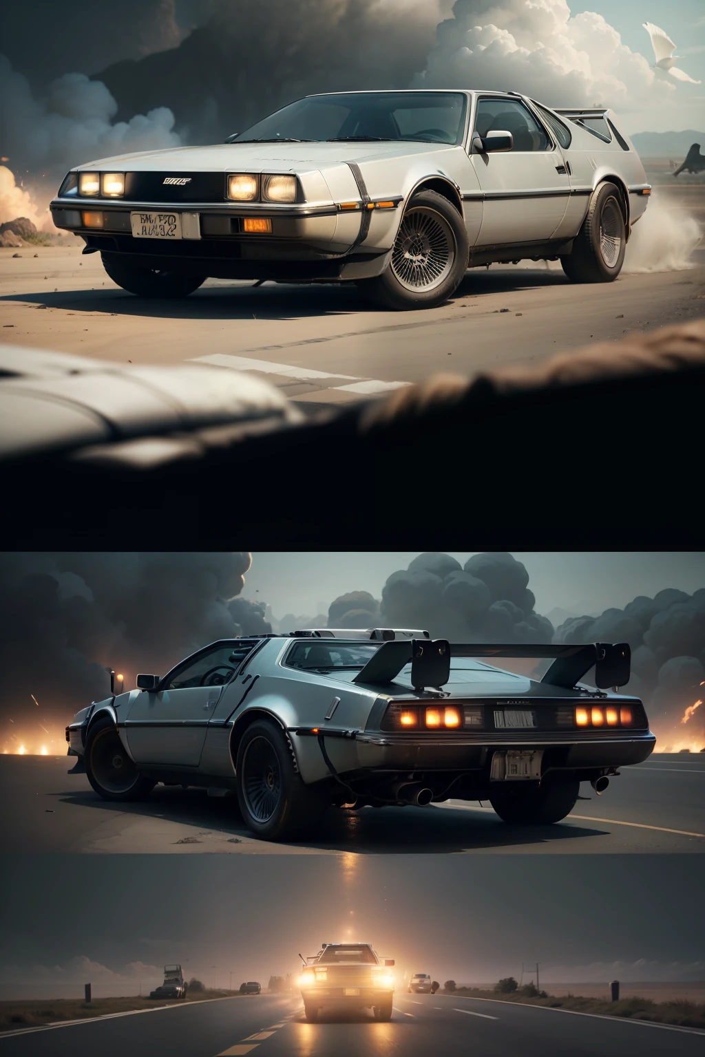 In this captivating cinematic close-up scene, an exciting car that appears straight out of the iconic movie "Back to the Future" takes center stage. The car, known as the DeLorean DMC-12, captures attention with its retro-futuristic design and gull-wing doors.
The photograph is meticulously composed to highlight every detail of the car, from its gleaming metallic finishes to the aerodynamic lines that evoke a sense of speed and adventure.
The cinematic setting adds an atmosphere of excitement and mystery, with flashes of light and shadows that create a sense of anticipation for what might happen next.
The "Back to the Future" car is presented as a powerful time machine, capable of transporting its occupants to different eras and thrilling adventures.
This image captures the timeless spirit of the movie, evoking a feeling of nostalgia and excitement for the infinite possibilities of time and space. It invites viewers to journey through time, through the magic of cinema and imagination, into a future filled with endless possibilities and extraordinary adventures.