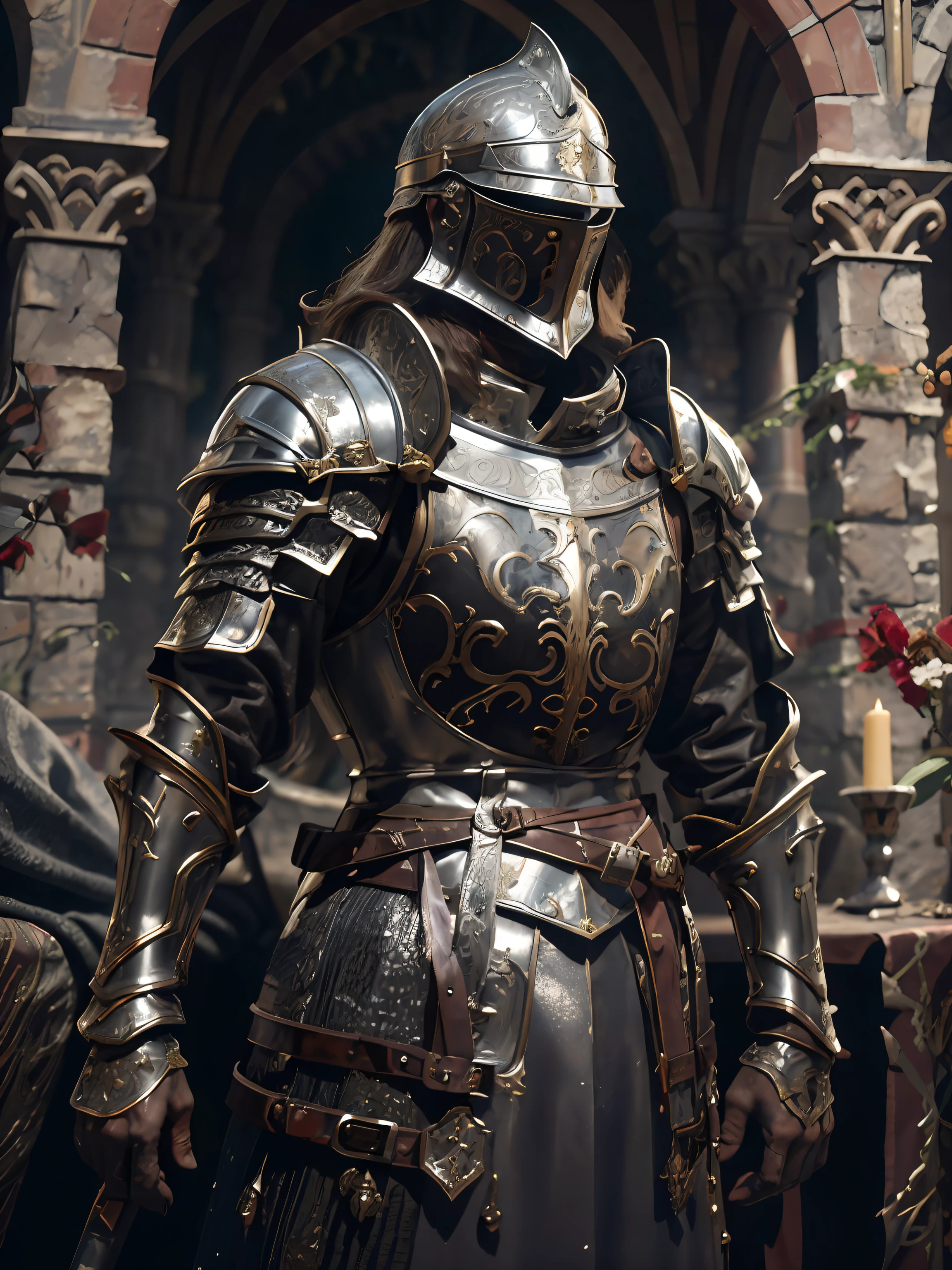 cavalier，medieval times，Silver armor，Pattern，A lot of detail，High quality，There are helmets，Long sword，Vintage，photorealestic，male people，colours，the detail，Textured，Extremely realistic，Excellent shadows，tmasterpiece，3D stereoscopic，Pubic area is clear，High quality，shoun，Castle background