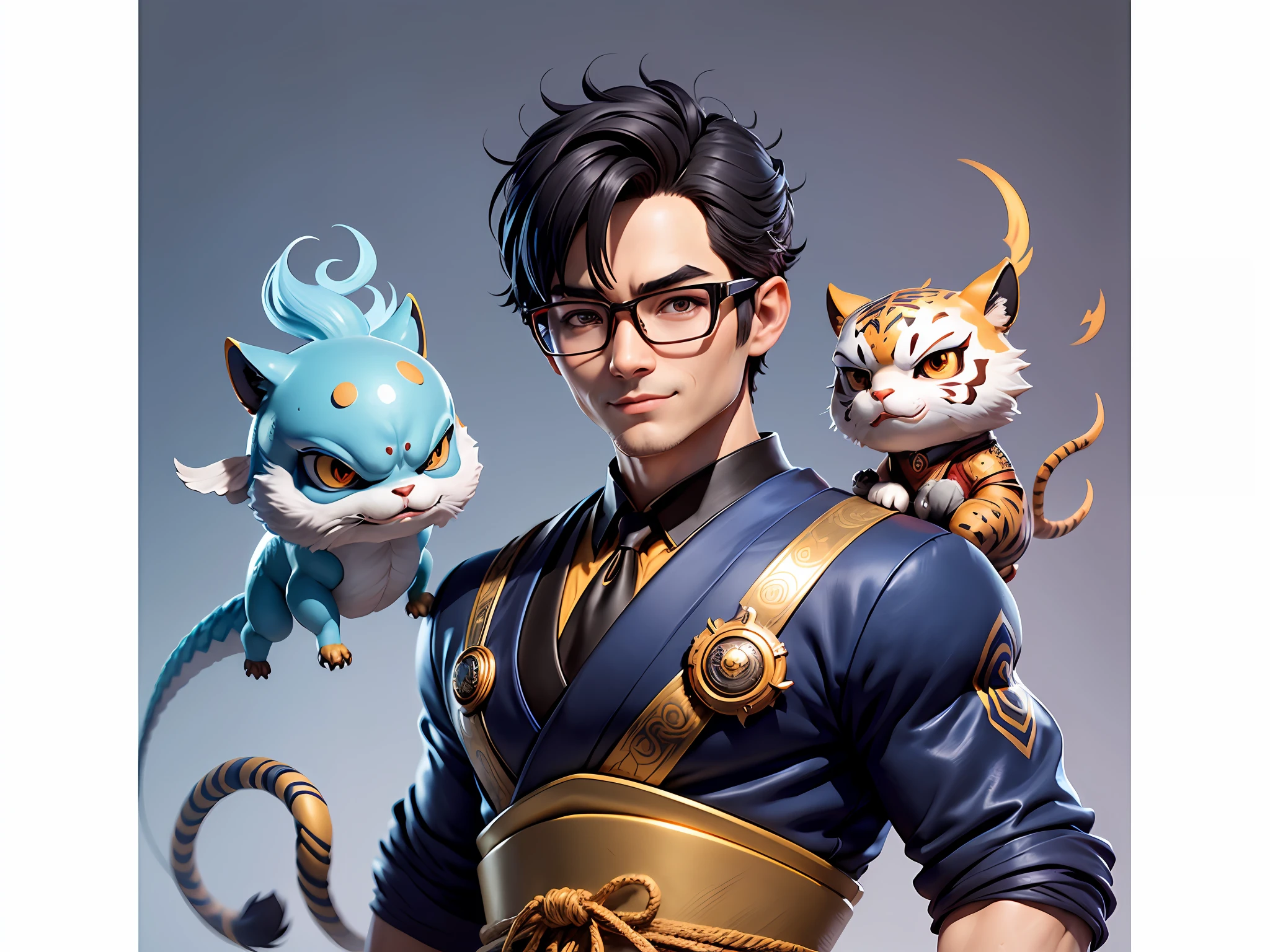 (Masterpiece), (Excellent), (Super Meticulous), (Full Body: 1.2), Super Young Man with Japanese Female Geisha, Pretty, Beautiful, Chinese Dragon, Tiger, Wind God Thor, Sexy, Bursting, Oriental Face, TV Anchor, Bust Portrait Illustration, Black Suit, Blue Tie, Slightly Chubby Face, Silver Glasses, Very Clean Face, No Beard on Chin, Black Super Short Hair, Black Eyes, Confident Smile, 3c Computer Sub-Products, iPad, iPhone, Digital Painting, 3D character design by Mark Clairedon and Pixar and Hayao Miyazaki and Akira Toriyama, the illustrations are HD illustrations in 4K resolution with highly detailed facial features and cartoon-style visuals.