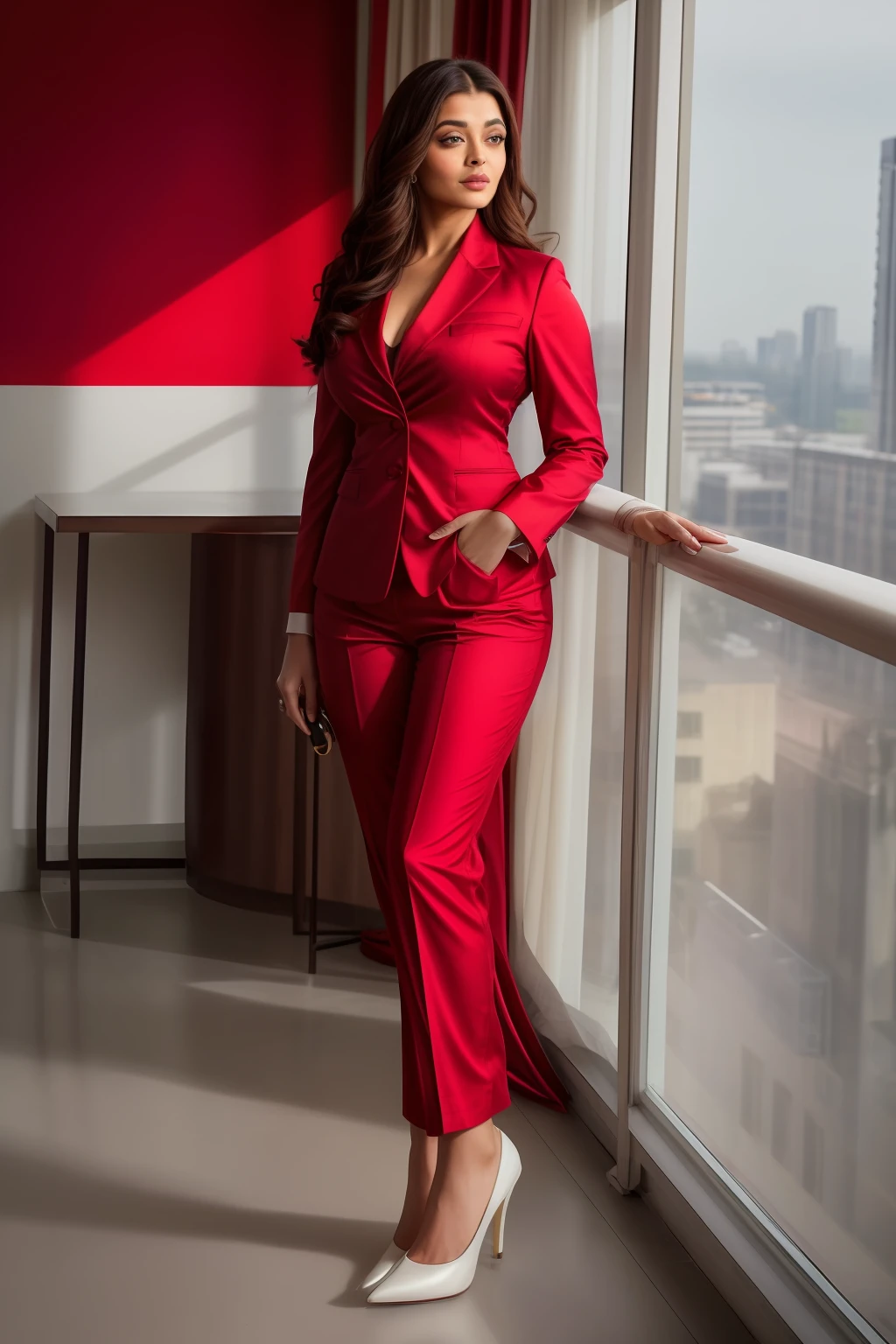 Aishwarya rai as corporate lady, red satin formal trousers, satin white shirt, high heels, athletic curvy figure, open hair, arms folded pose in balcony, day scene, hourglass figure, small breasts, fit, seductive face, look at camera and wink, erotic adult face, 40 yo, soft volumetric lights, intricate details, (ArtStation:1.2)