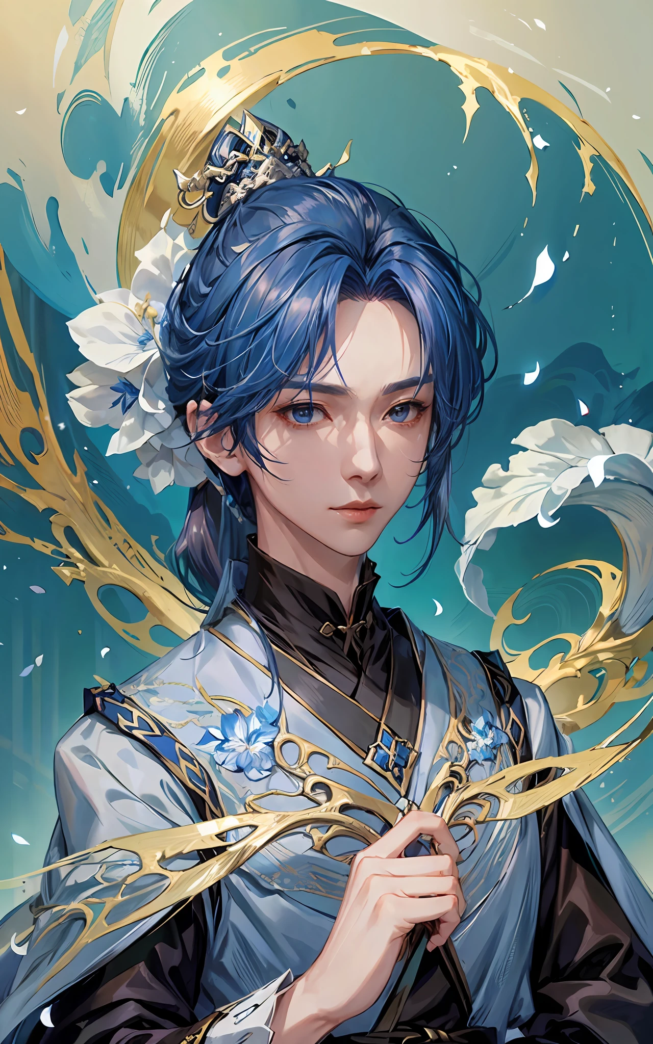 1homem, cabelo azul, Asymmetrical hairstyle, Ornamento de cabelo delicado, olhos delicados, uma pinta no canto do olho esquerdo, Ancient white Chinese costume, master part, 4k, brilhar, petals flying, flor,