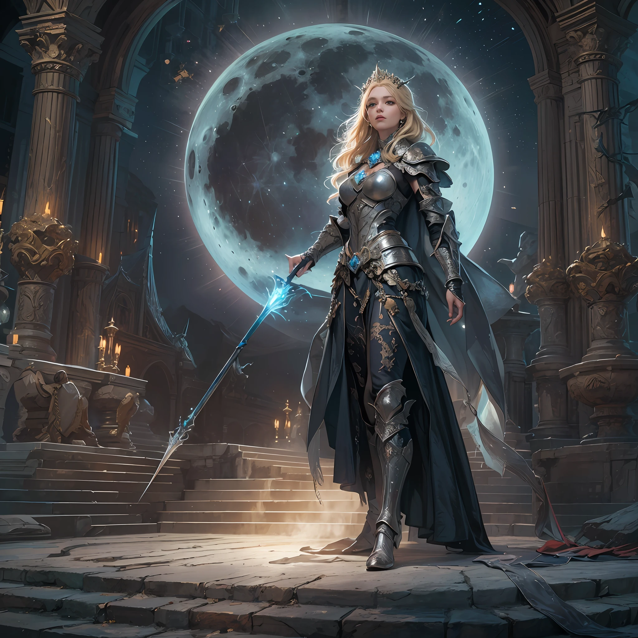 high details, best quality, 8k, [ultra detailed], masterpiece, best quality, (extremely detailed), dynamic angle, ultra wide shot, photorealistic, fantasy art, dnd art, rpg art, realistic art, an ultra wide picture of female human cleric, holding a spear, black cloak, black robe (1.5 intricate details, Masterpiece, best quality), holy symbol casting a spell, white magical sigils (1.5 intricate details, Masterpiece, best quality), wearing black armor, plate mail armor, stars and moon symbol, blue light from symbol, blond hair (1.5 intese details, Masterpiece, best quality), braided hair, small pointed eard, intense eyes, green eyes, female human (1.5 intricate details, Masterpiece, best quality) fantasy temple background, moon and strars background, ((divine worship atmosphere)), moon light high details, best quality, highres, ultra wide angle