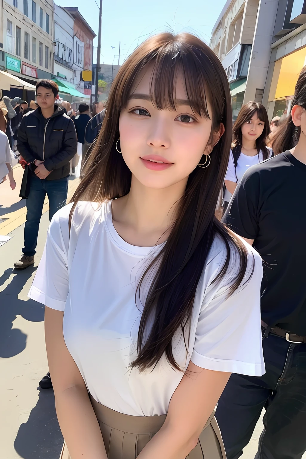 (8k, RAW photos, top quality, masterpiece: 1.2), ultra detailed, super resolution, (real, real photos: 1.37), portraits, high definition RAW color photos, professional photos, very detailed and beautiful, highly detailed, 8k wallpapers, amazing details, huge file size, official art, highly detailed CG Unity 8k wallpapers, highly detailed beautiful girls, highly detailed facesHighly detailed eyes, highly detailed skin, highly detailed fingers, Highly detailed nose, Highly detailed mouth, Perfect anatomy, Highly detailed background, Highly detailed clothing, One Girl, (18:1.2), , cute girl, famous Japan idol, cute, realistic body, petite, white skin, glowing skin, slim body, handsome body, brown hair, medium hair, (blunt bangs:1.2), smile, cute, youthful, pretty face, realistic face, delicate eyes, sagging eyes, white t-shirt, skirt, earrings, camera gaze, cowboy shot, front-facing, standing, contrapost, high street, public, crowd, dynamic lighting, very big breasts,
