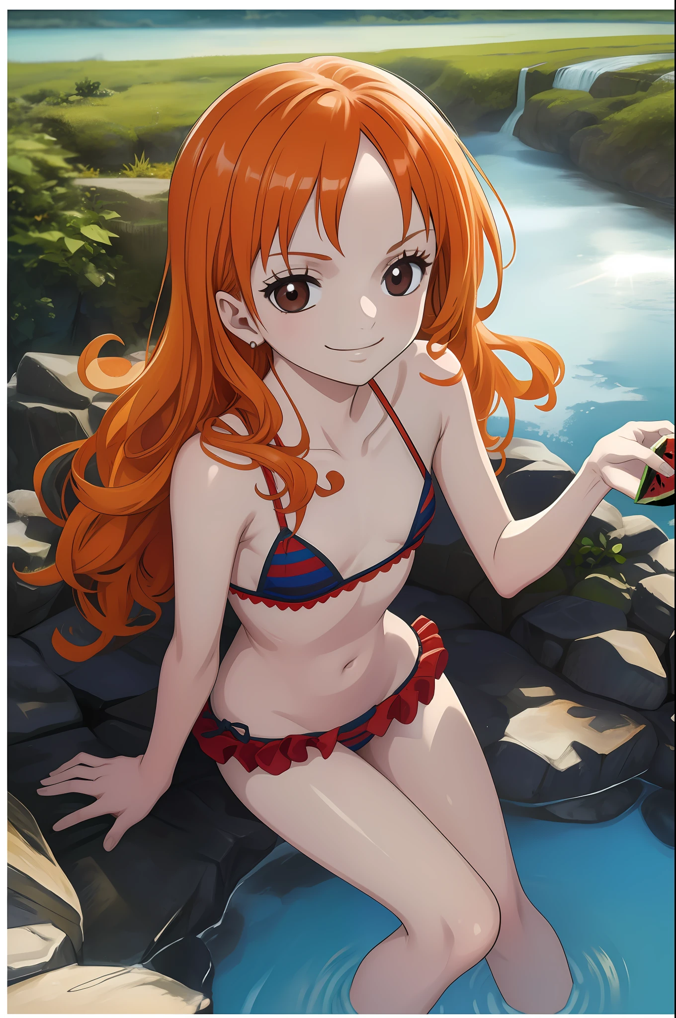 Orange hair color、Long、Brown eyes(masutepiece:1.2), (Best Quality:1.2), (超A high resolution:1.2), 32K, (High color saturation:1.5),(Back lighting:0.8),(depth of fields:1.2), Lens Flare,Perfect Anatomy,(mosaic censoring),3 Girls,8yeaiant hair style,variant hair color,Variant Faces,Eat WM,Holding a watermelon with both hands,Sliced watermelon,Happily,Sitting,flat chest,ruffle bikini,Smile,Small river,Waterfall,Daytime,Selfie,