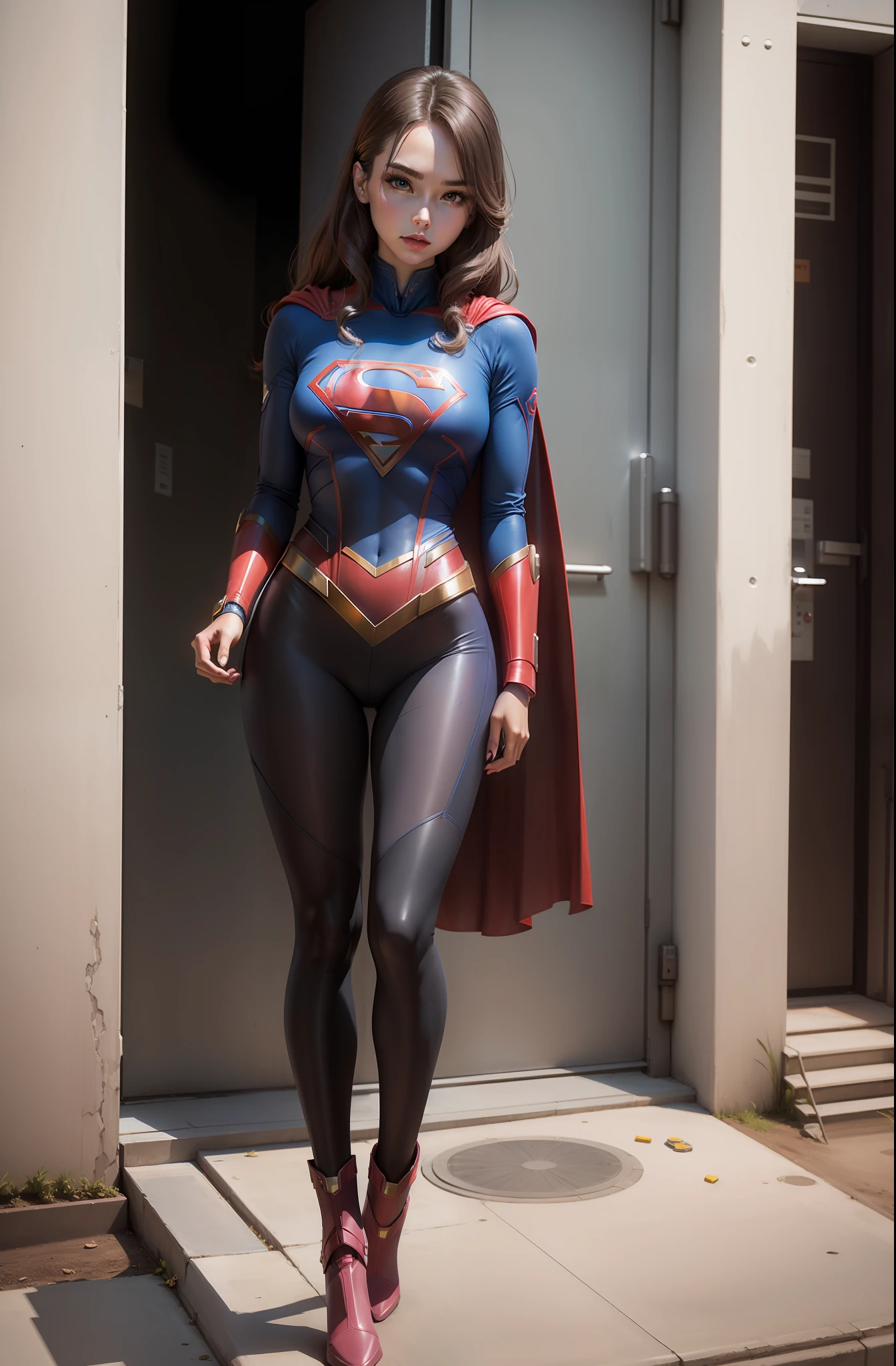 Sci-fi Supergirl,Delicate skin,Barbie face,Height 165cm,Stand in front of the building,Nylon material for clothes,The clothes are fancy,largeeyes