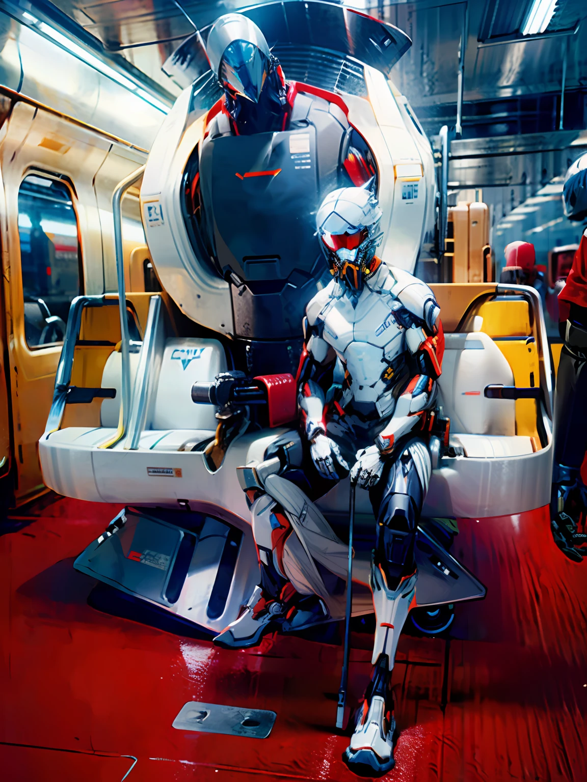 A man wearing sunglasses sits on a train，prosthetic leg，Prosthesis，White mech on the upper body，Mechanical Warframe，