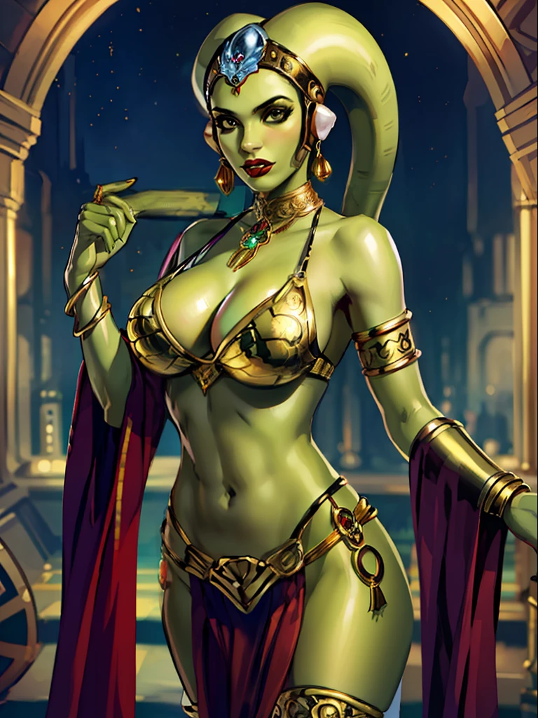 (best quality, masterpiece, highly detailed), 1girl, (green skin), sexy busty Twi'lek, large breasts, cleavage, gold and black bikini, gold, ornate metal bra, metal lace, gemstones, jewelry, long skirts, armlets, pelvic curtain, Star Wars, lekku stripes