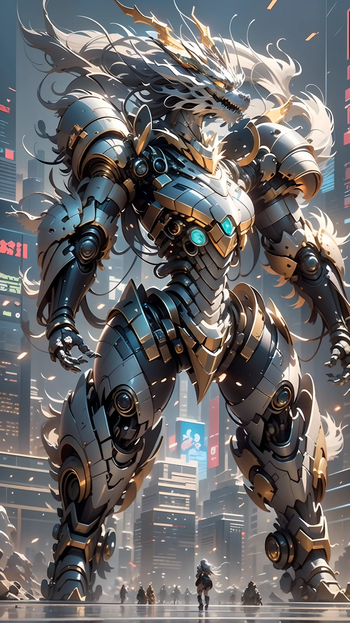 ((best qualtiy)), ((tmasterpiece)), (The is very detailed:1.3), 3D,In Cyberpunk World,A girl in mechanical armor,holding futuristic weapons,The battle is ahead,Behind her was a medium-sized armored mech,At the end of the end, There are super giant mecha Oriental Dragon,hdr(HighDynamicRange),Ray traching,NVIDIA RTX,Hyper-Resolution,Unreal 5,sub surface scattering,PBR textures,Post-processing,Anisotropic filtering,depth of fields,Maximum clarity and sharpness,Many-Layer Textures,Albedo e mapas Speculares,Surface coloring,Accurately simulate light-material interactions,perfectly proportions,rendering by octane,twotonelighting,Low ISO,White balance,trichotomy,Wide aperture,8K raw data,High-Efficiency Sub-Pixel,sub-pixel convolution,Luminous Particle,