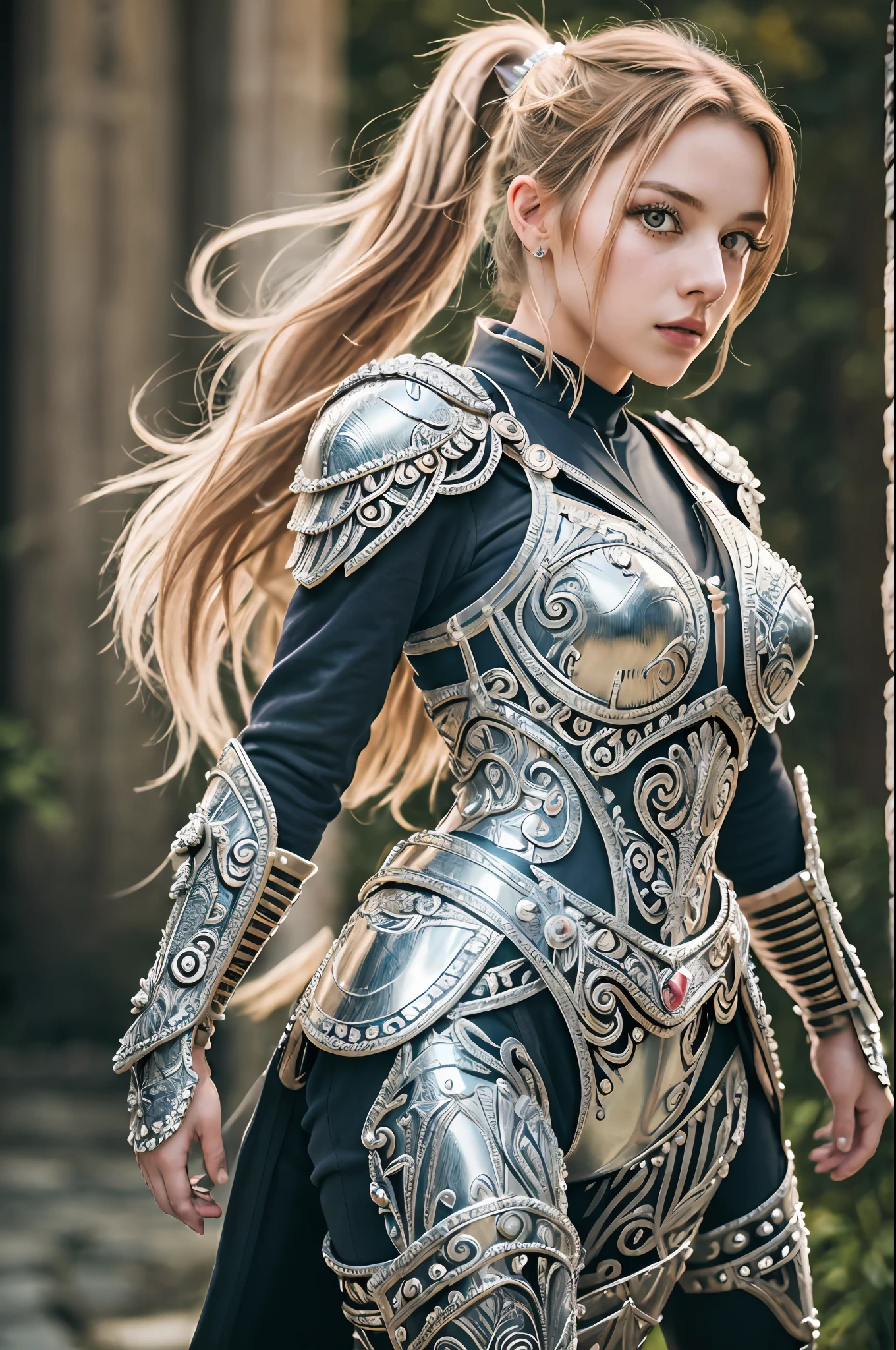 (8K, best quality:1.2), (masterpiece:1.37), (photo, photorealistic:1.37), (ultrahigh-res), full body, walking pose, shot from front, dynamic pose, slow motion, female paladin wearing the full body, (light silver armour:1.2),(ornately decorated armor), (insanely detailed, bloom:1.5), (highest quality, Alessandro Casagrande, Greg Rutkowski, Sally Mann, concept art, 4k), (analog:1.2), (high sharpness), (detailed pupils:1.1), detailed face and eyes, Masterpiece, best quality, (highly detailed photo:1.1), (long blonde Hair, blue eyes, ponytail, ecstatic:1.1), (young woman:1.1), sharp, (perfect body:1.1), realistic, real shadow, 3d, (temple background:1.2), (by Michelangelo), photographed by Canan EOS R6, 135mm, 1/1250s, f/2.8, ISO 400