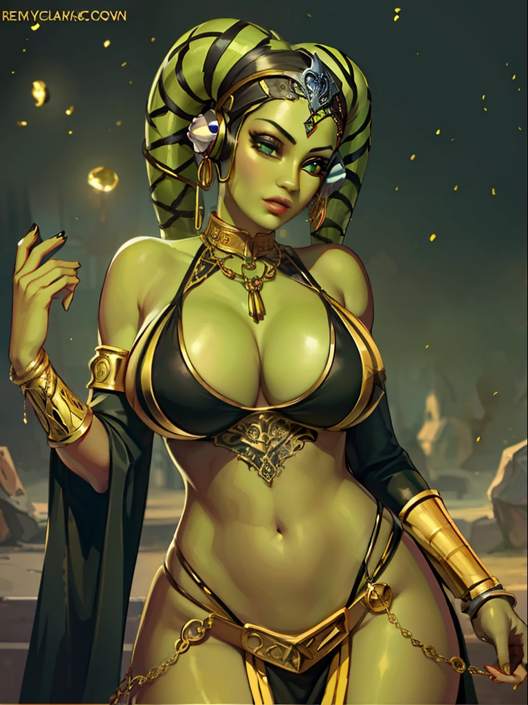 (best quality, masterpiece, highly detailed), 1girl, (green skin), sexy busty Twi'lek, large breasts, cleavage, gold and black bikini, gold, ornate metal bra, metal lace, gemstones, jewelry, long skirts, armlets, pelvic curtain, Star Wars, lekku stripes