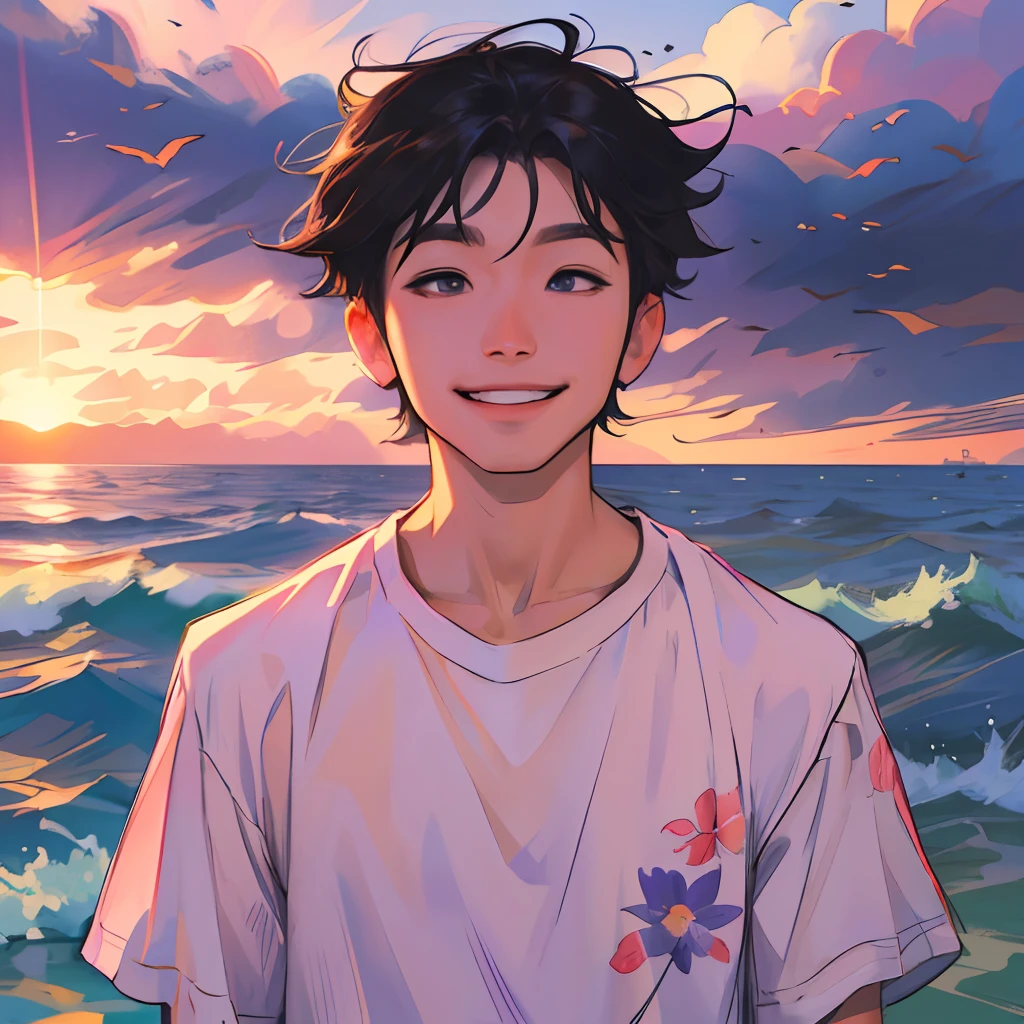 A boy with，Handsome and cute，with short black hair，Wearing a white T-shirt，There is a small daisy print on the clothes，smiling and looking into the camera。The sunlight shines on his face，he stands by the sea，The hair is blown by the wind，The background is a pink-purple sky。Please draw this scene in Miyazaki's style。